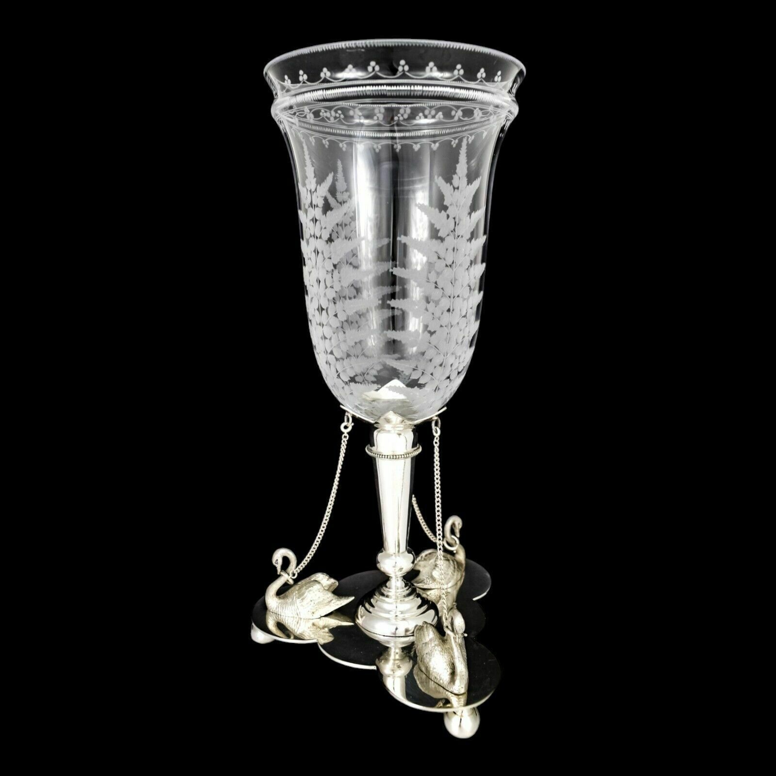 Antique Victorian Mappin Webb Glass Celery Vase Fern Engraved Silver Plated Swan