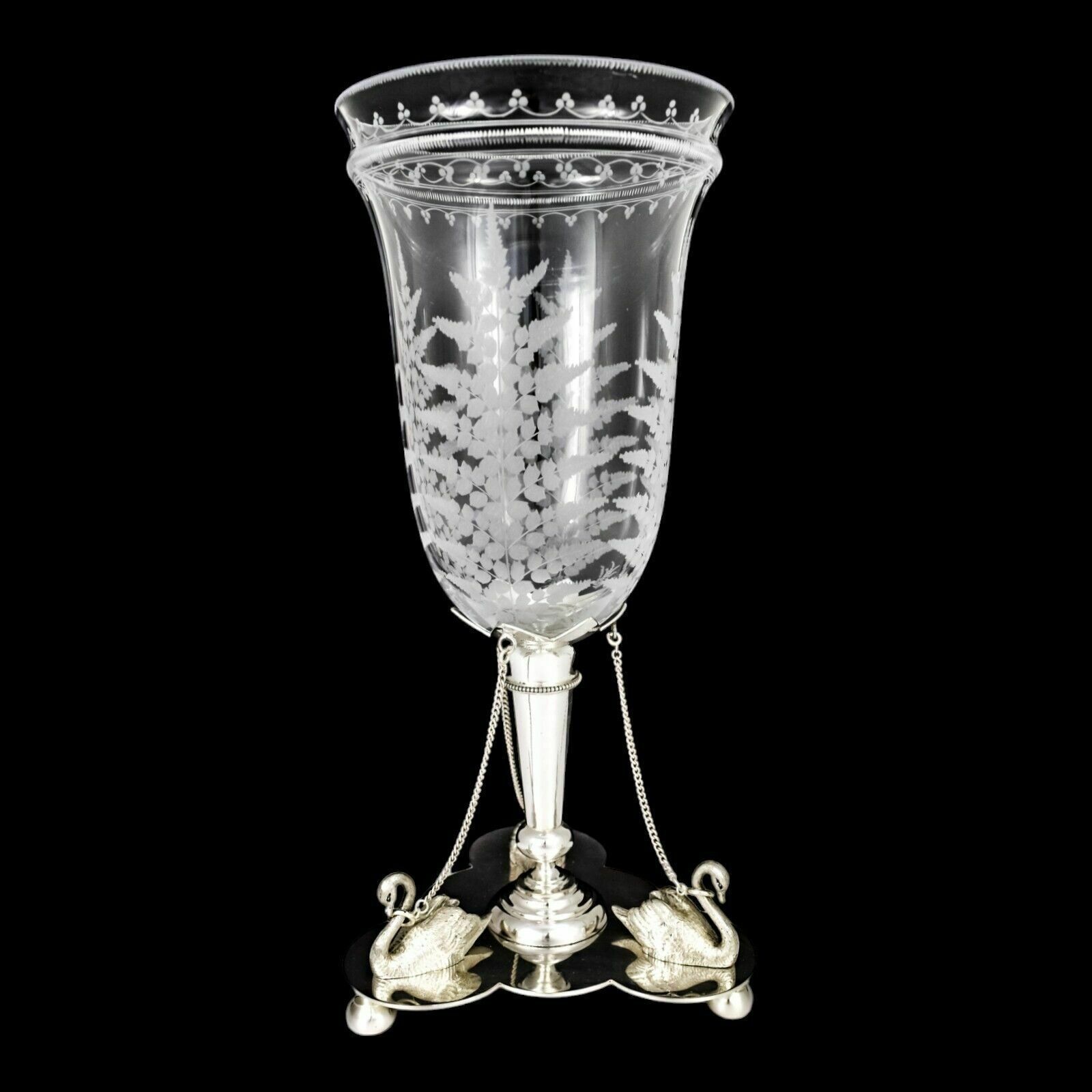 Antique Victorian Mappin Webb Glass Celery Vase Fern Engraved Silver Plated Swan photo furniture