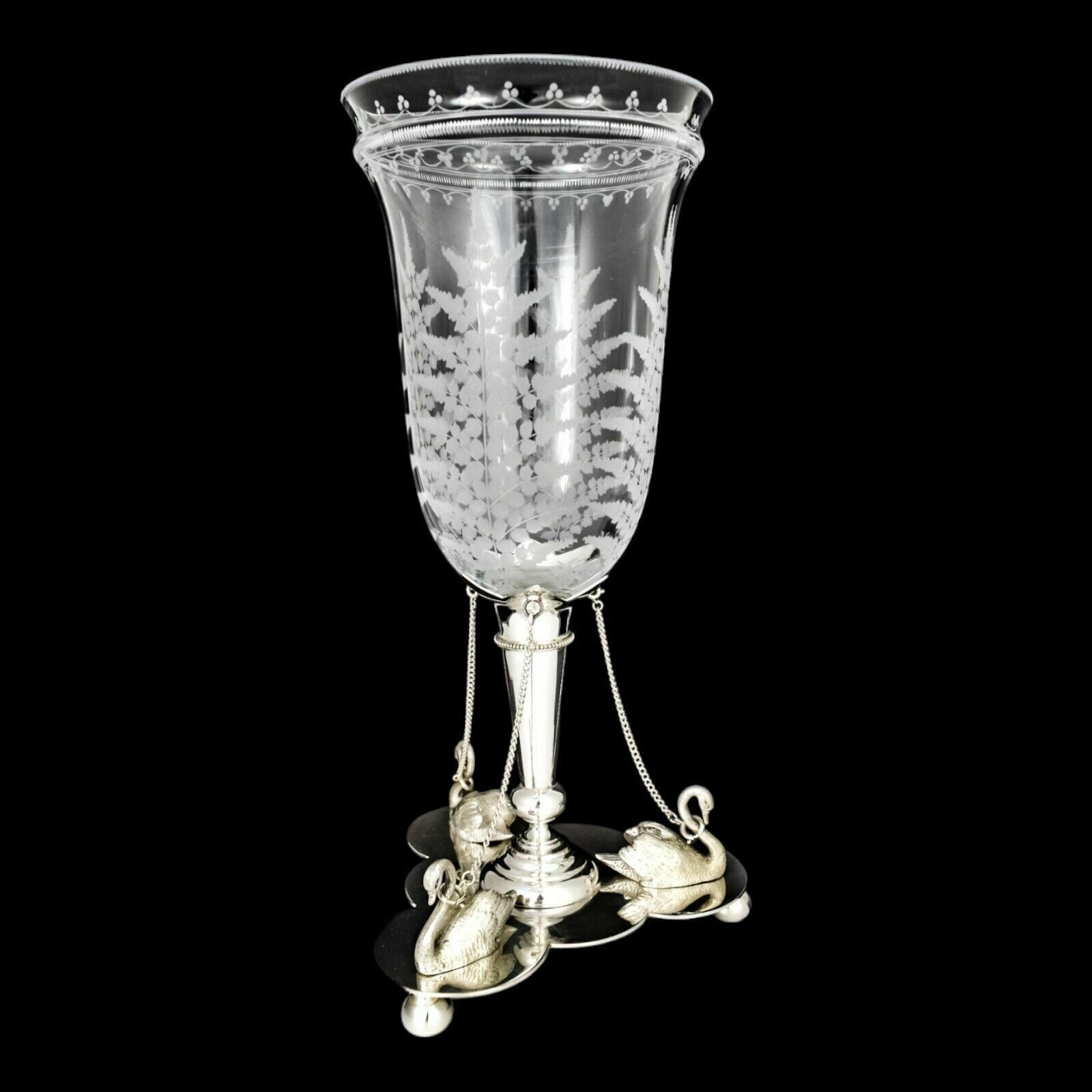 Antique Victorian Mappin Webb Glass Celery Vase Fern Engraved Silver Plated Swan photo for sale