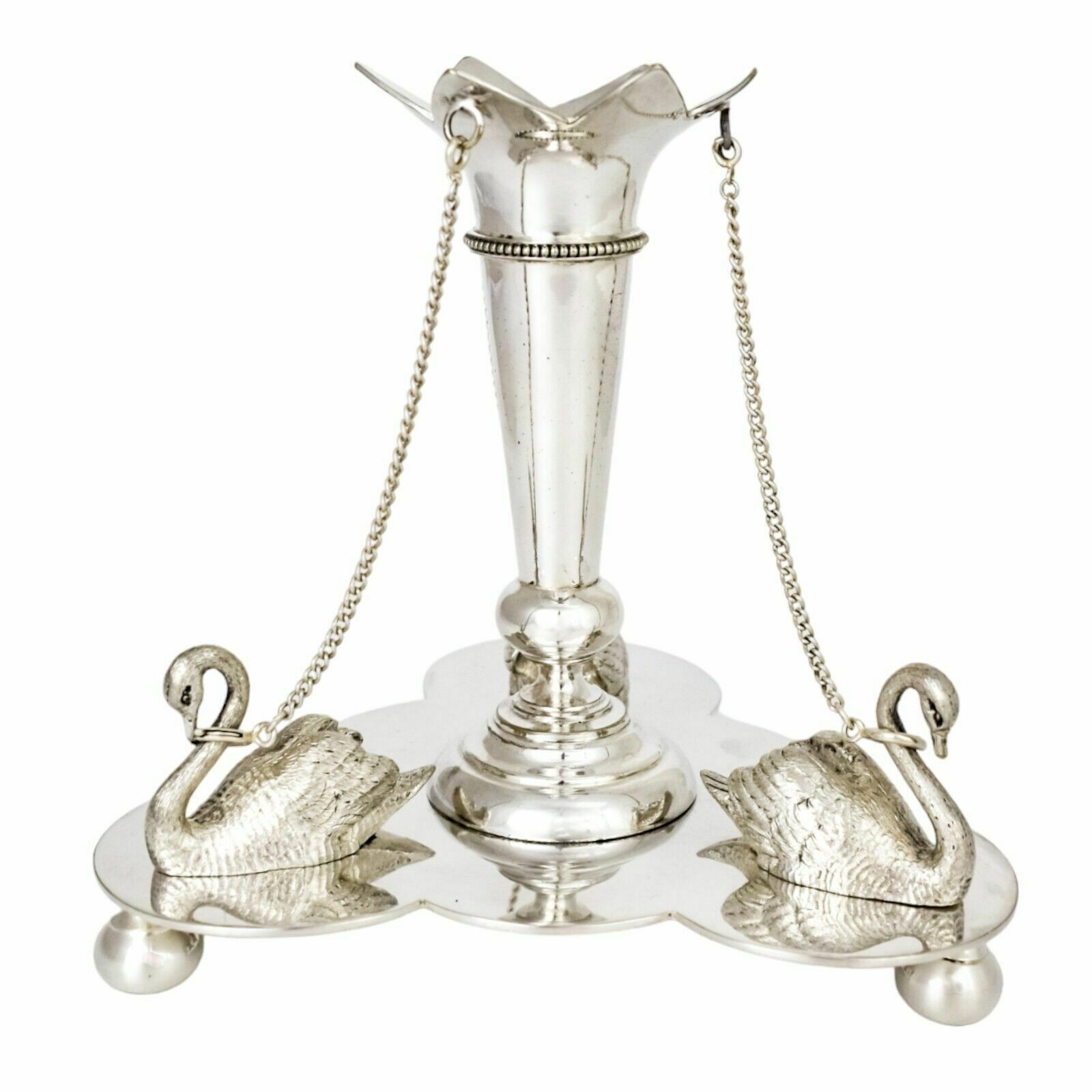 photo buy Antique Victorian Mappin Webb Glass Celery Vase Fern Engraved Silver Plated Swan