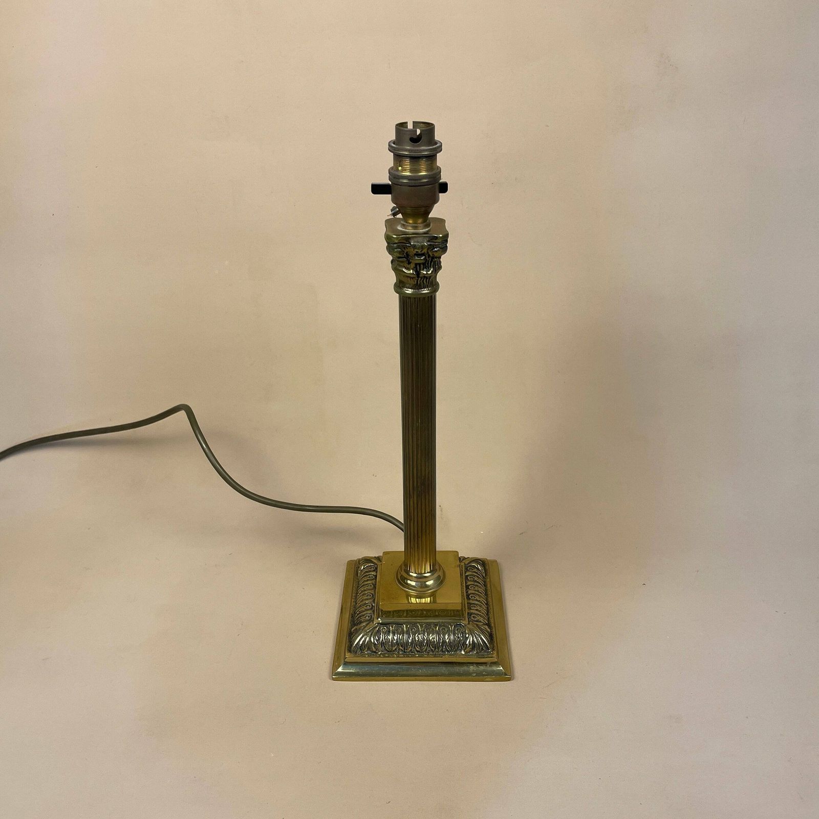 Vintage Gold Brass Metal Lamp Light Bedside Side Table Desk Ornate Detail Square Base Antique Medium Pattern Aged Patina Column Pillar