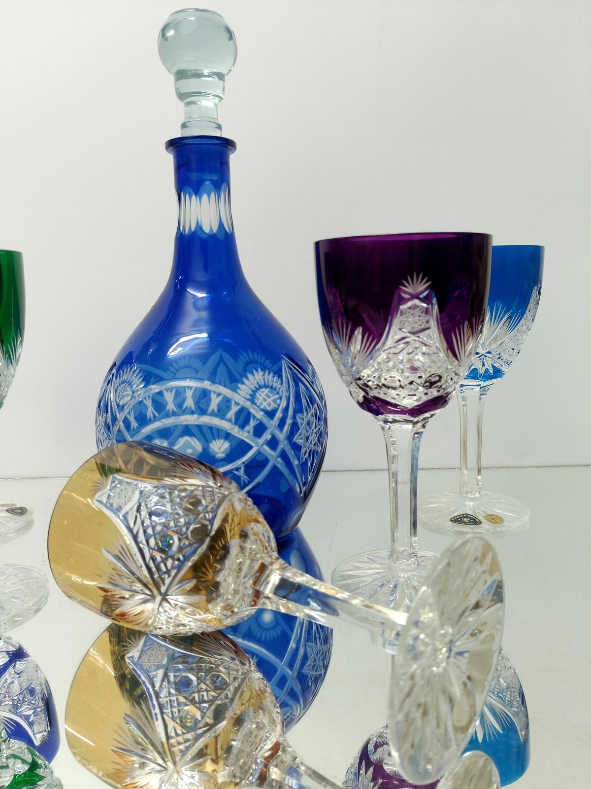 Decanter And 5 Lead Colorful Glasses / Bohemia Crystal photo for sale