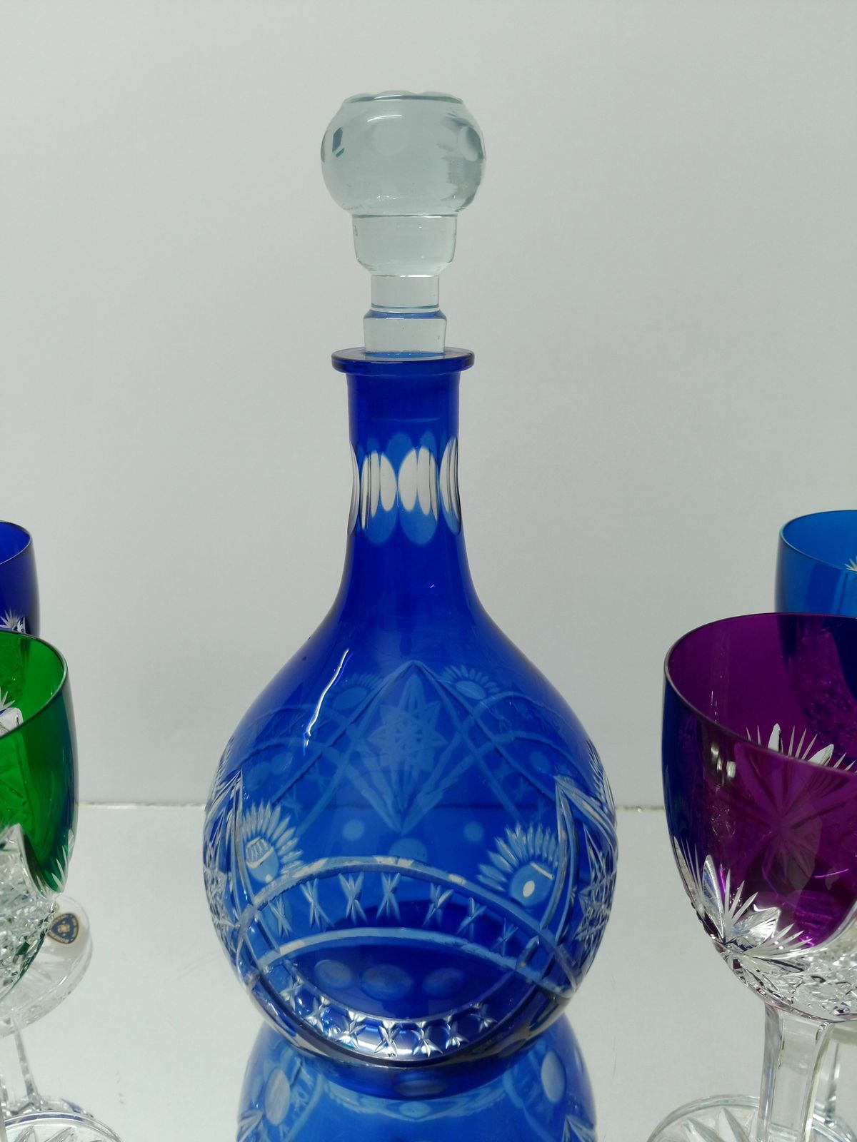 Decanter And 5 Lead Colorful Glasses / Bohemia Crystal photo vinterior