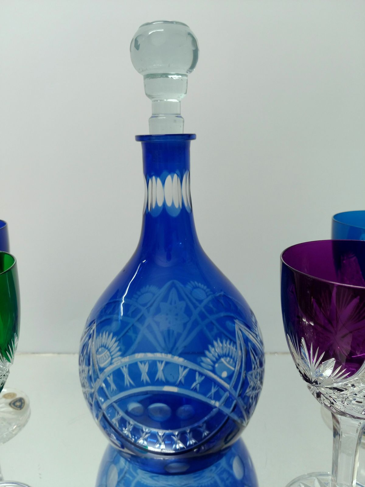 Decanter And 5 Lead Colorful Glasses / Bohemia Crystal photo buy