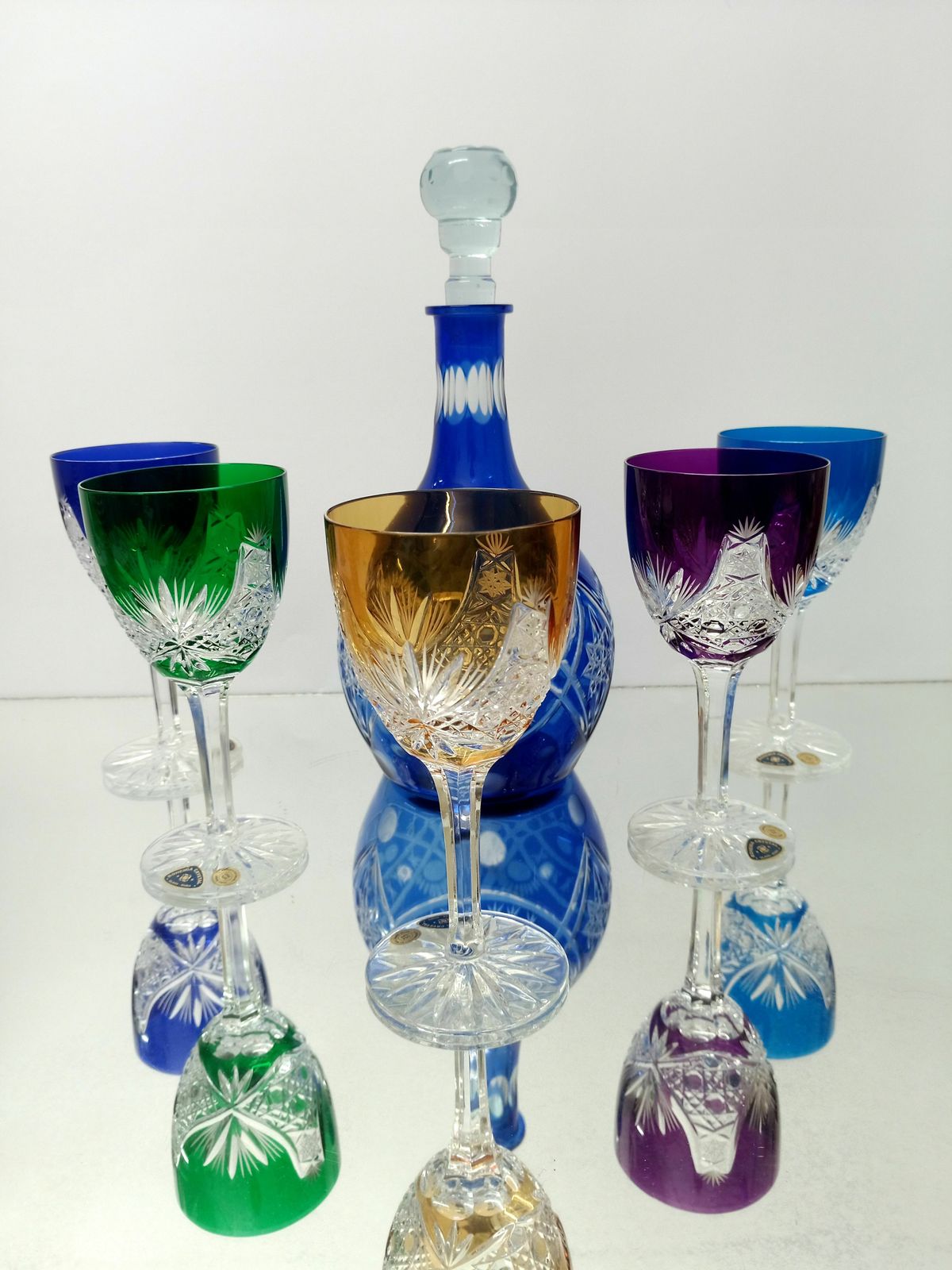 Decanter And 5 Lead Colorful Glasses / Bohemia Crystal