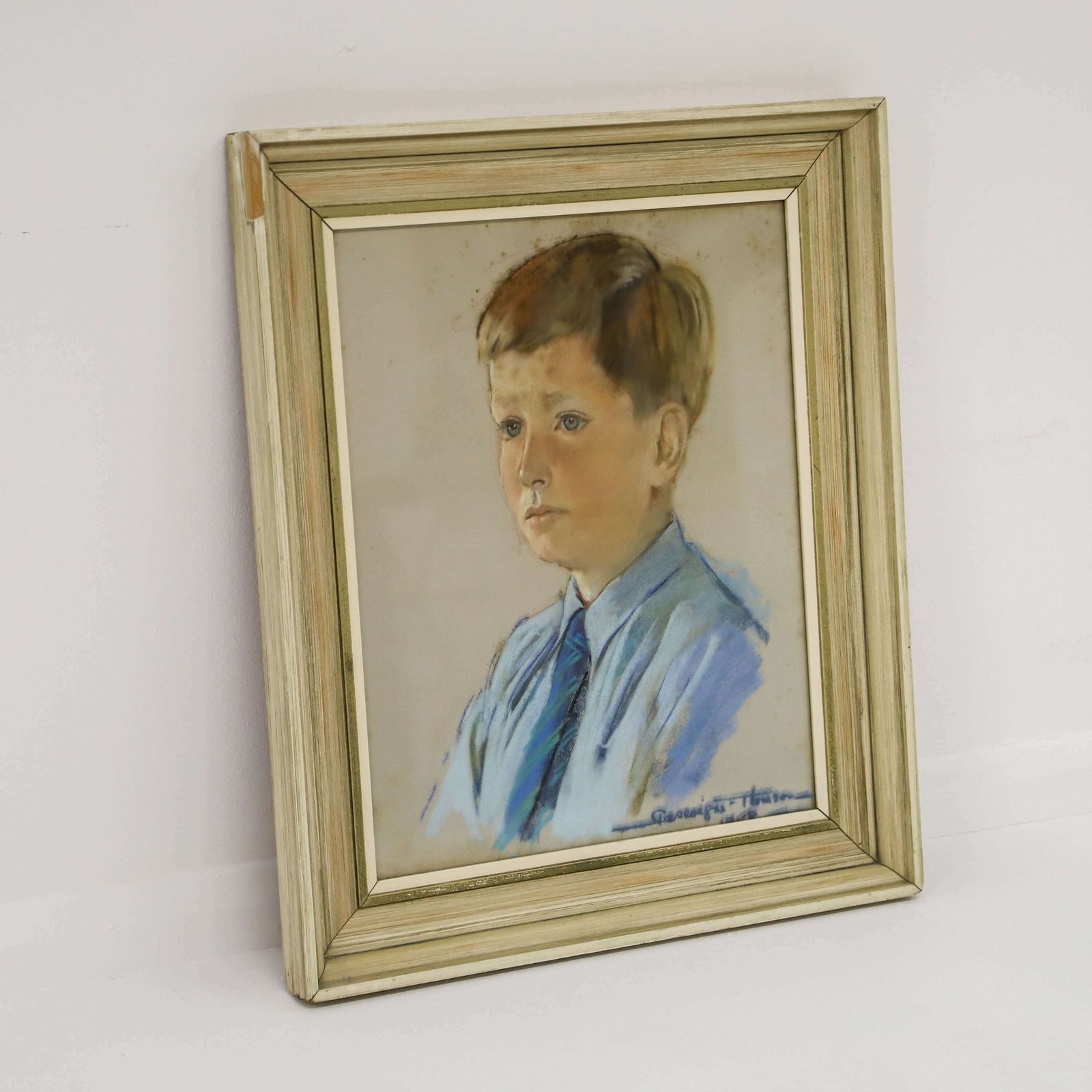 Pastel Portrait Of Young Boy Wood Frame Behind Glass Circa 1970s photo buy