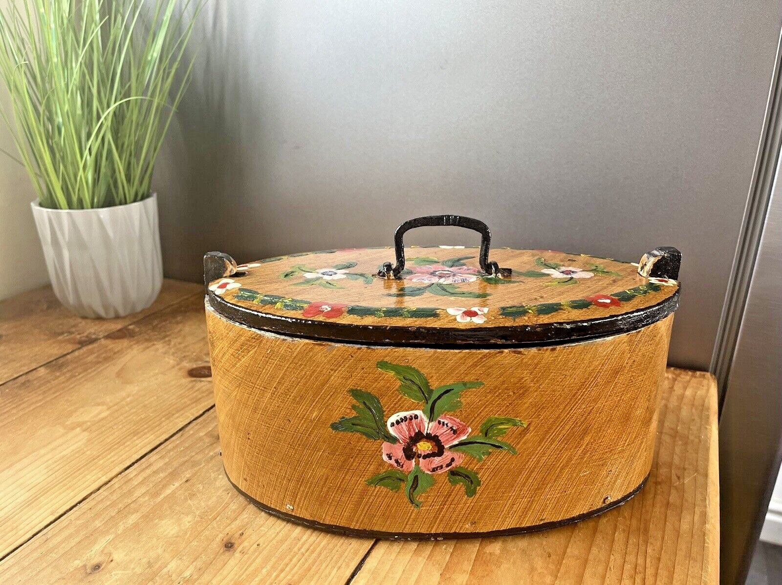 Large Antique Swedish Svepask Tine Bentwood Folk Art Painted Box Scandi Kitchen photo for sale