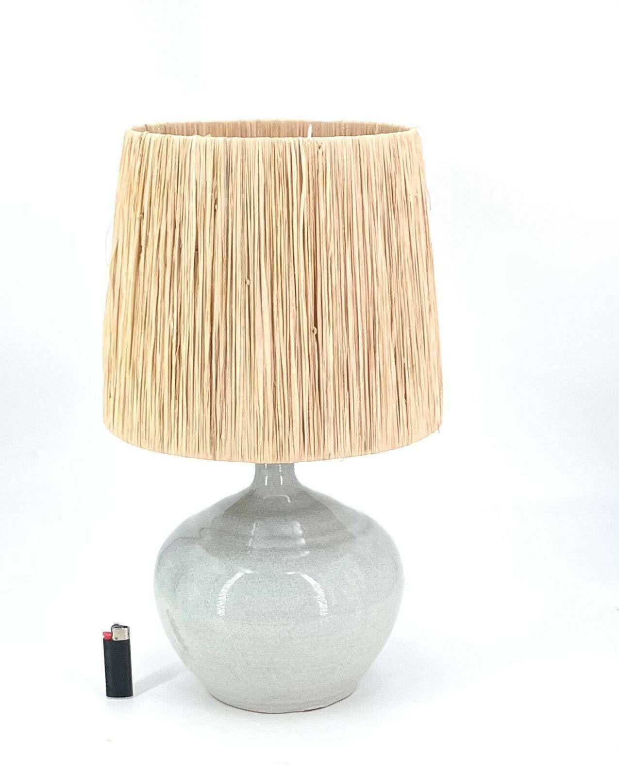 French Grey Ceramic Table Lamp With Raffia Shade, 1960s / Potter, Grey, Boho Chic, Folk, Country, Lighting, France photo furniture