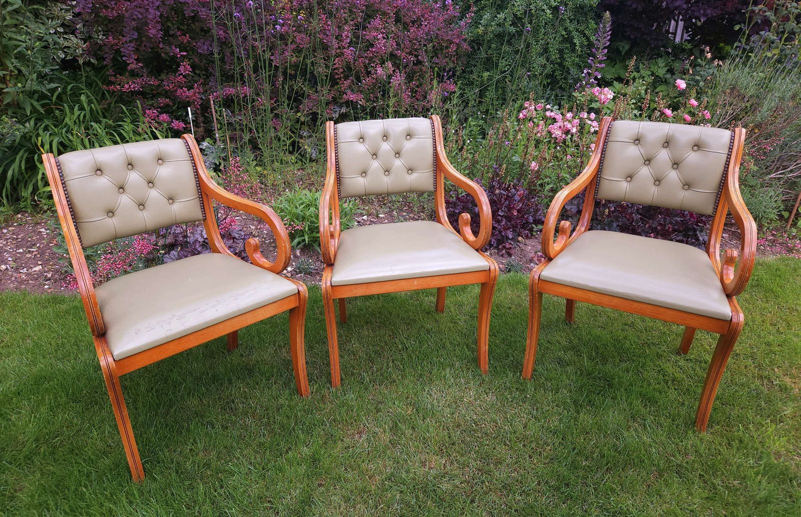 Trio Of Chesterfield Desk Chairs In Pale Olive Green Leather photo for sale