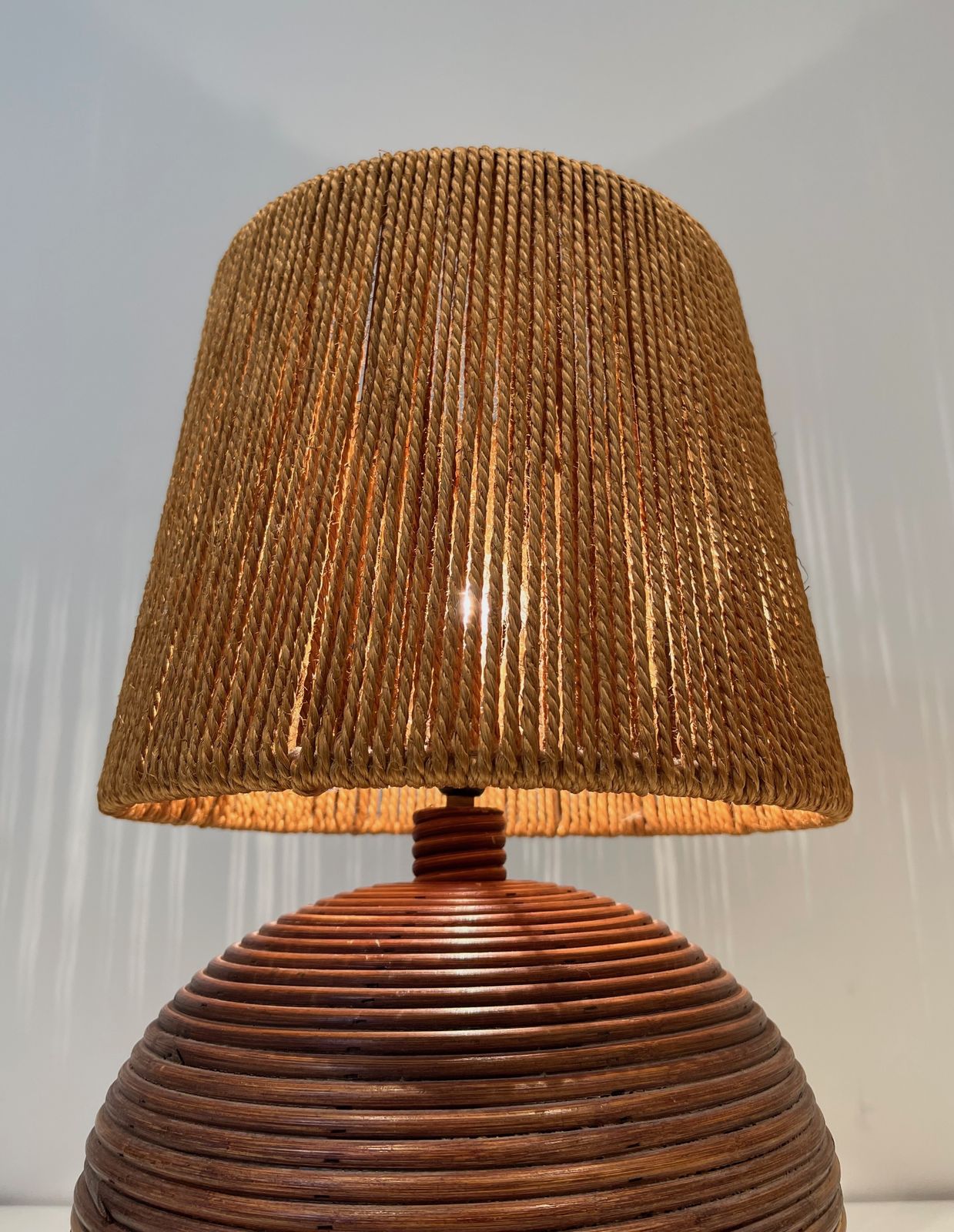 Round Rattan Lamp With Rope Shade In The Style Of Adrien Adoux And Frida Minet. Circa 1970 photo Lighting