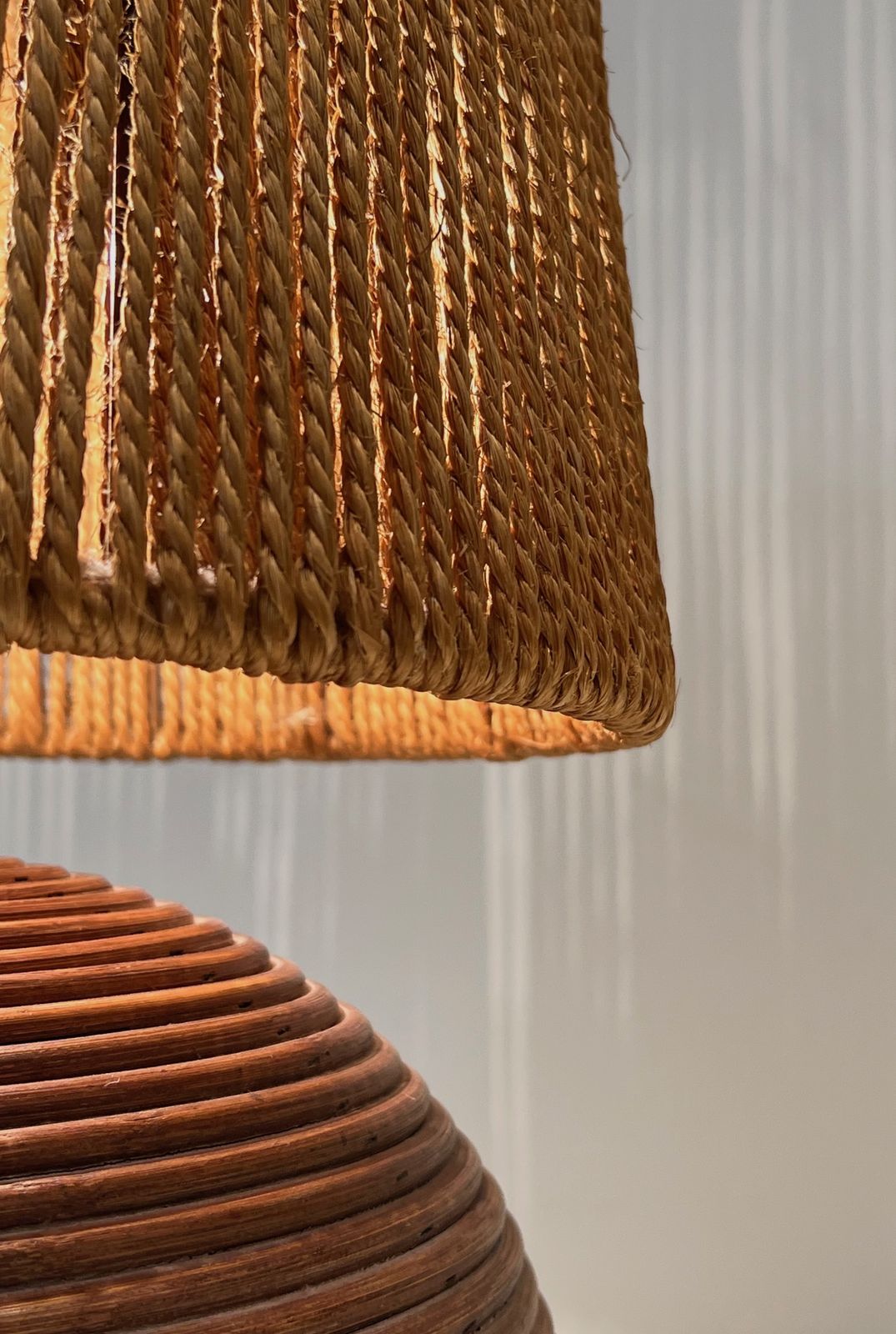 Round Rattan Lamp With Rope Shade In The Style Of Adrien Adoux And Frida Minet. Circa 1970 photo vinterior