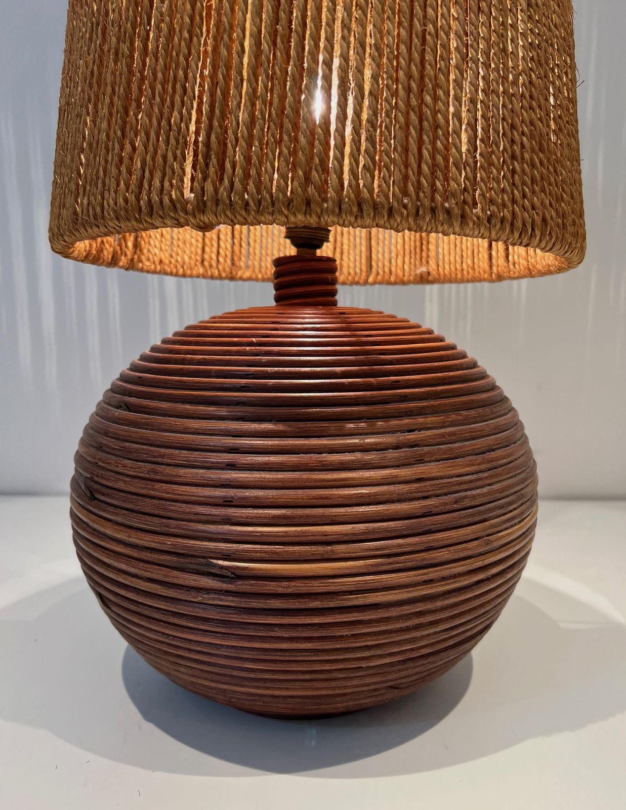 Round Rattan Lamp With Rope Shade In The Style Of Adrien Adoux And Frida Minet. Circa 1970 photo vintage