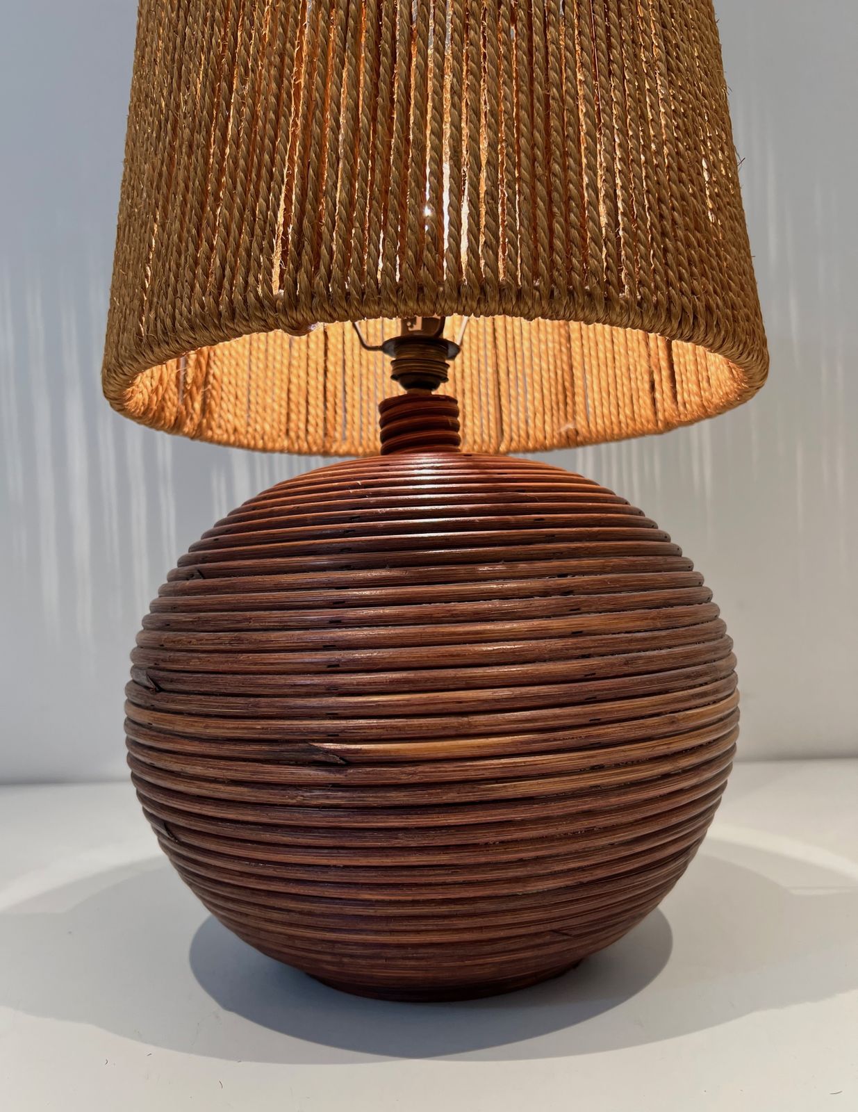 photo for sale Round Rattan Lamp With Rope Shade In The Style Of Adrien Adoux And Frida Minet. Circa 1970