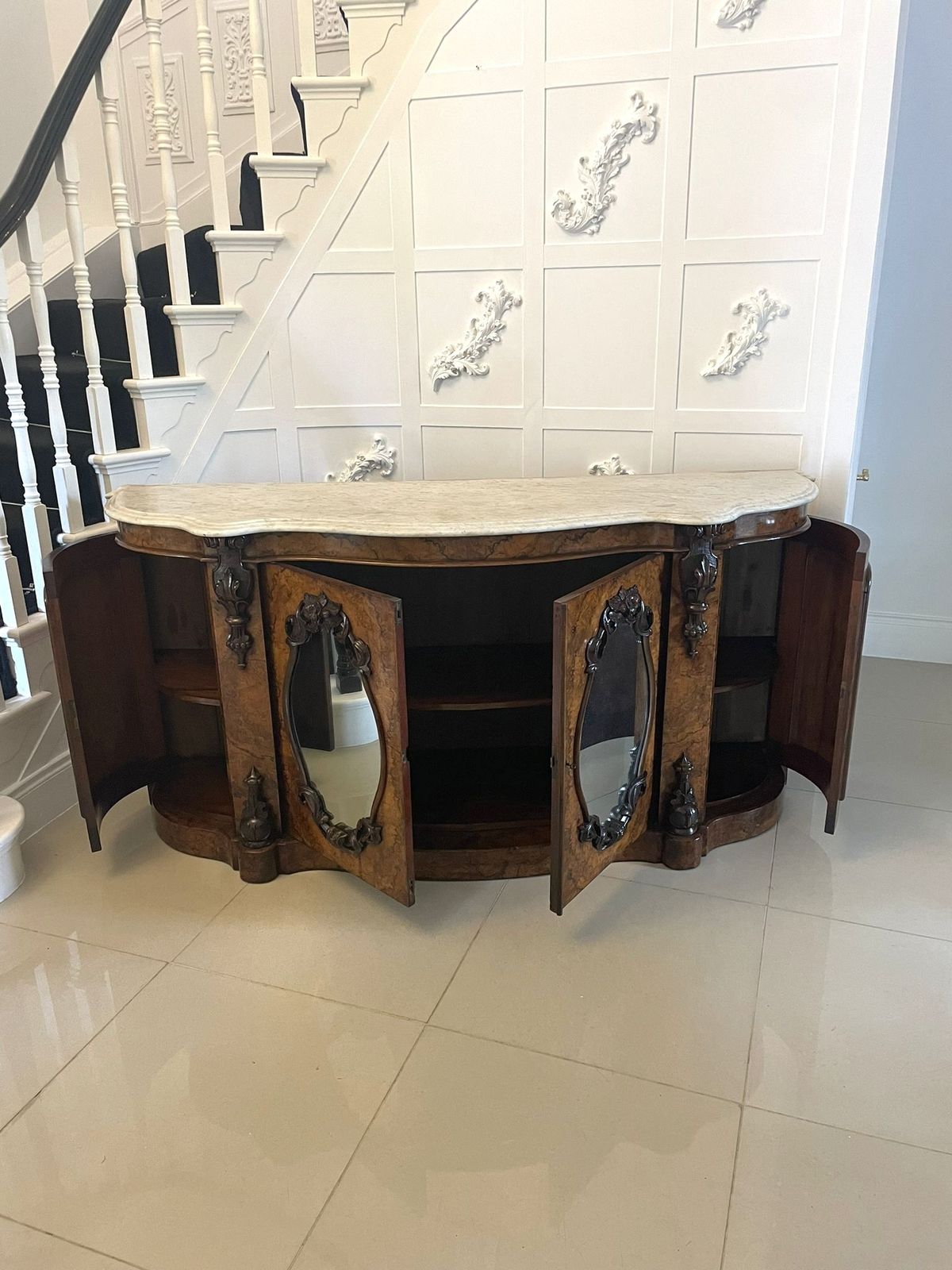 Outstanding Quality Antique 19th Century Burr Walnut Marble Top Credenza photo vinterior