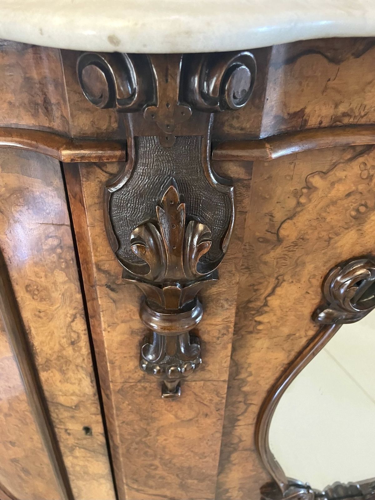 photo for sale Outstanding Quality Antique 19th Century Burr Walnut Marble Top Credenza