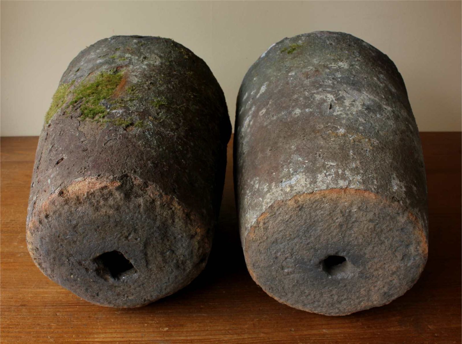 photo for sale Two French Foundry Melting Pots. Lava Stone Smelting Crucibles. Planters.