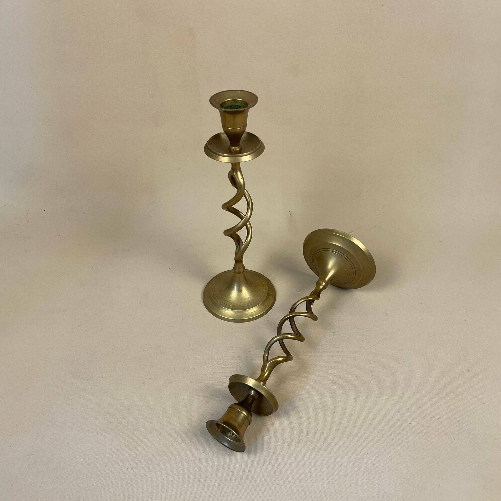 Antique Matching Pair Of Gold Brass Metal Candlestick Candle Stick Vintage Column Taper Dinner Candlesticks Twisted Twist Round Base photo furniture