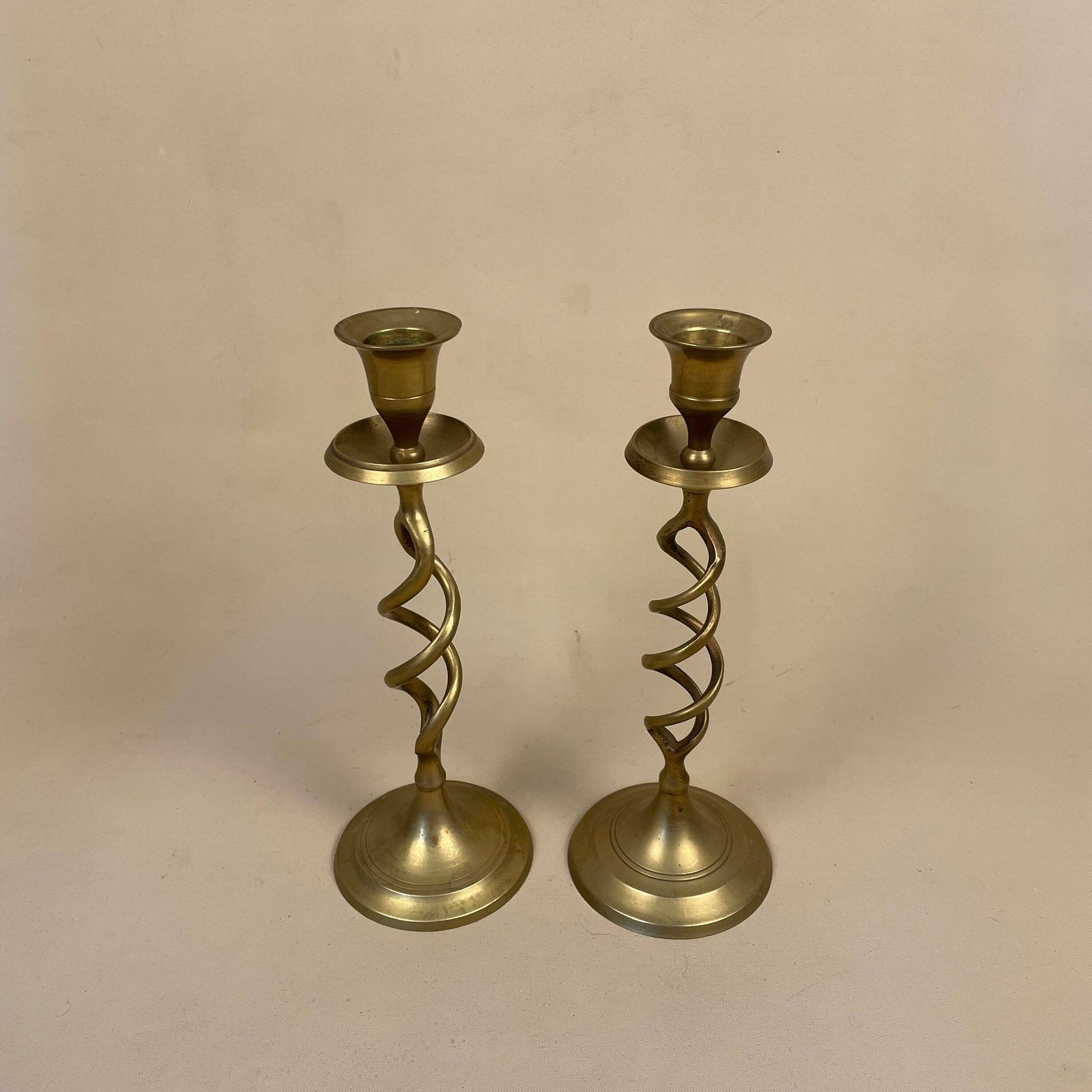 Antique Matching Pair Of Gold Brass Metal Candlestick Candle Stick Vintage Column Taper Dinner Candlesticks Twisted Twist Round Base photo 55.0