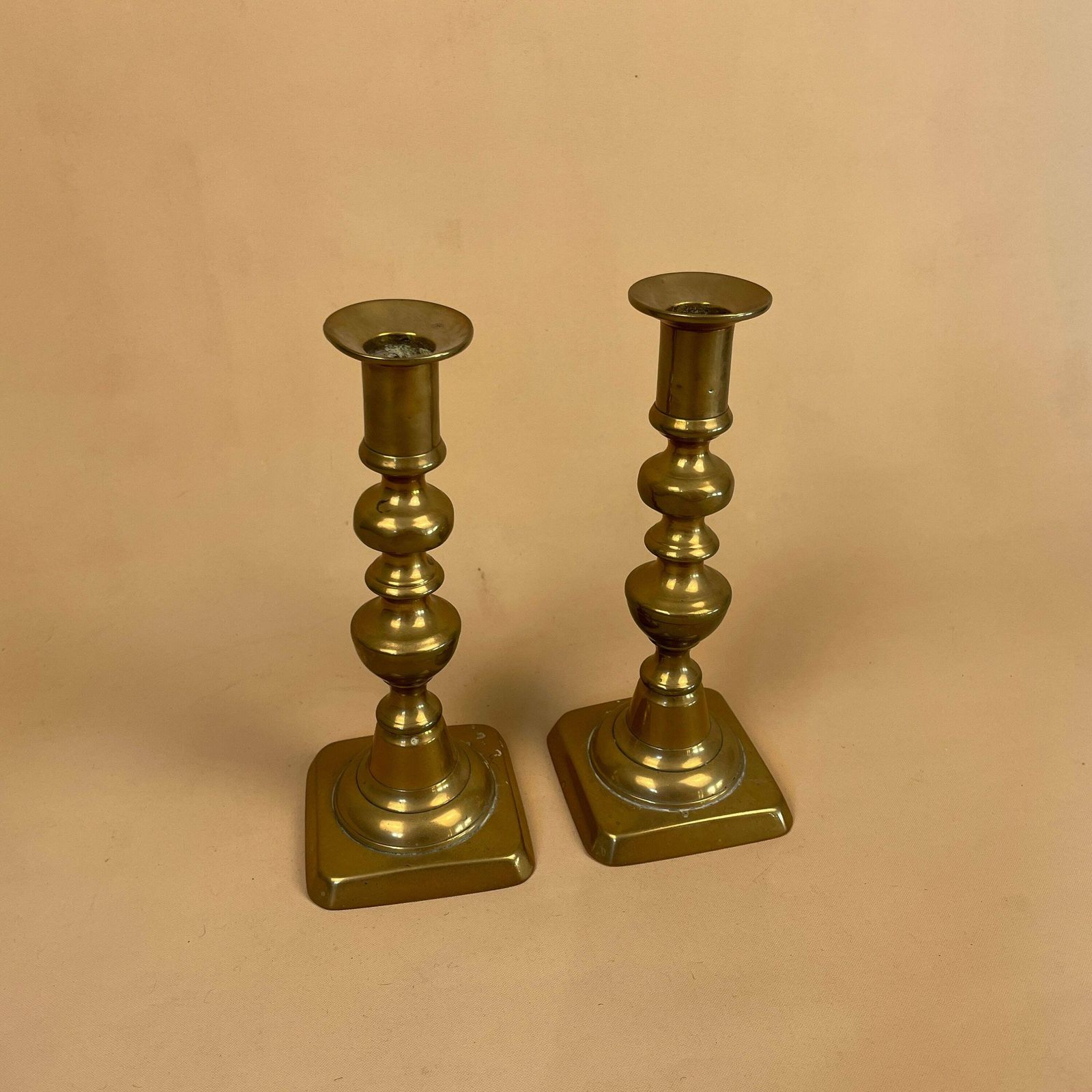 Antique Matching Pair Of Gold Brass Metal Candlestick Candle Stick Vintage Column Taper Dinner Candlesticks Square Base Pillar Old photo for sale
