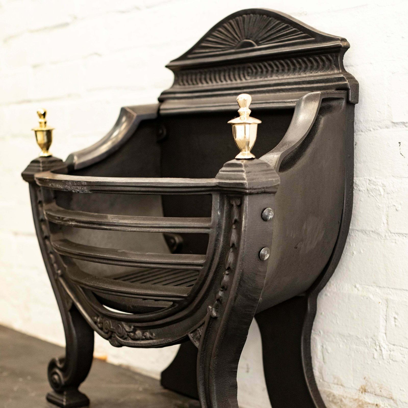 Victorian Style Cast Iron Fire Basket With Brass Finials photo furniture