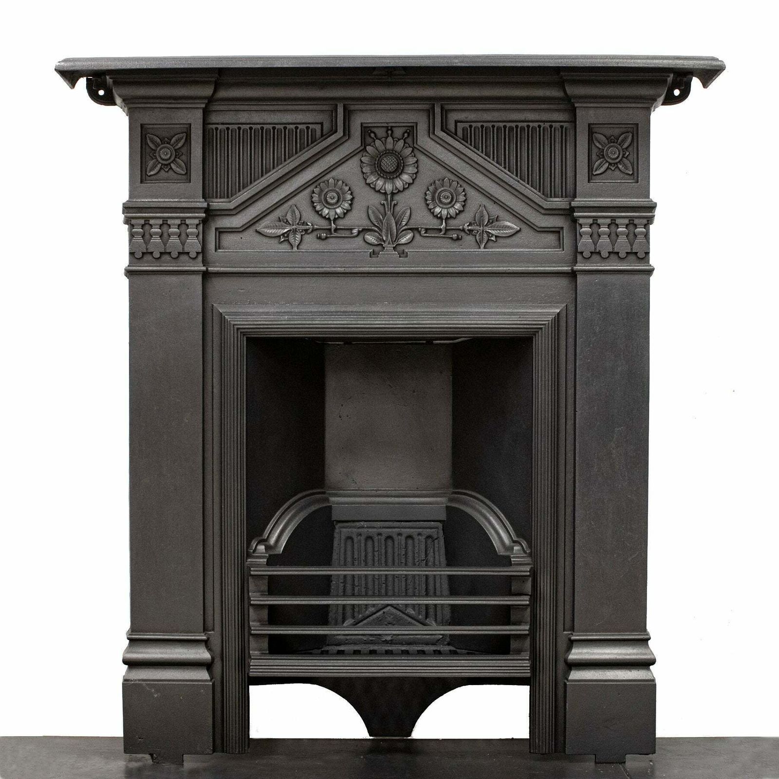 Antique Cast Iron Combination Fireplace With Sunflowers