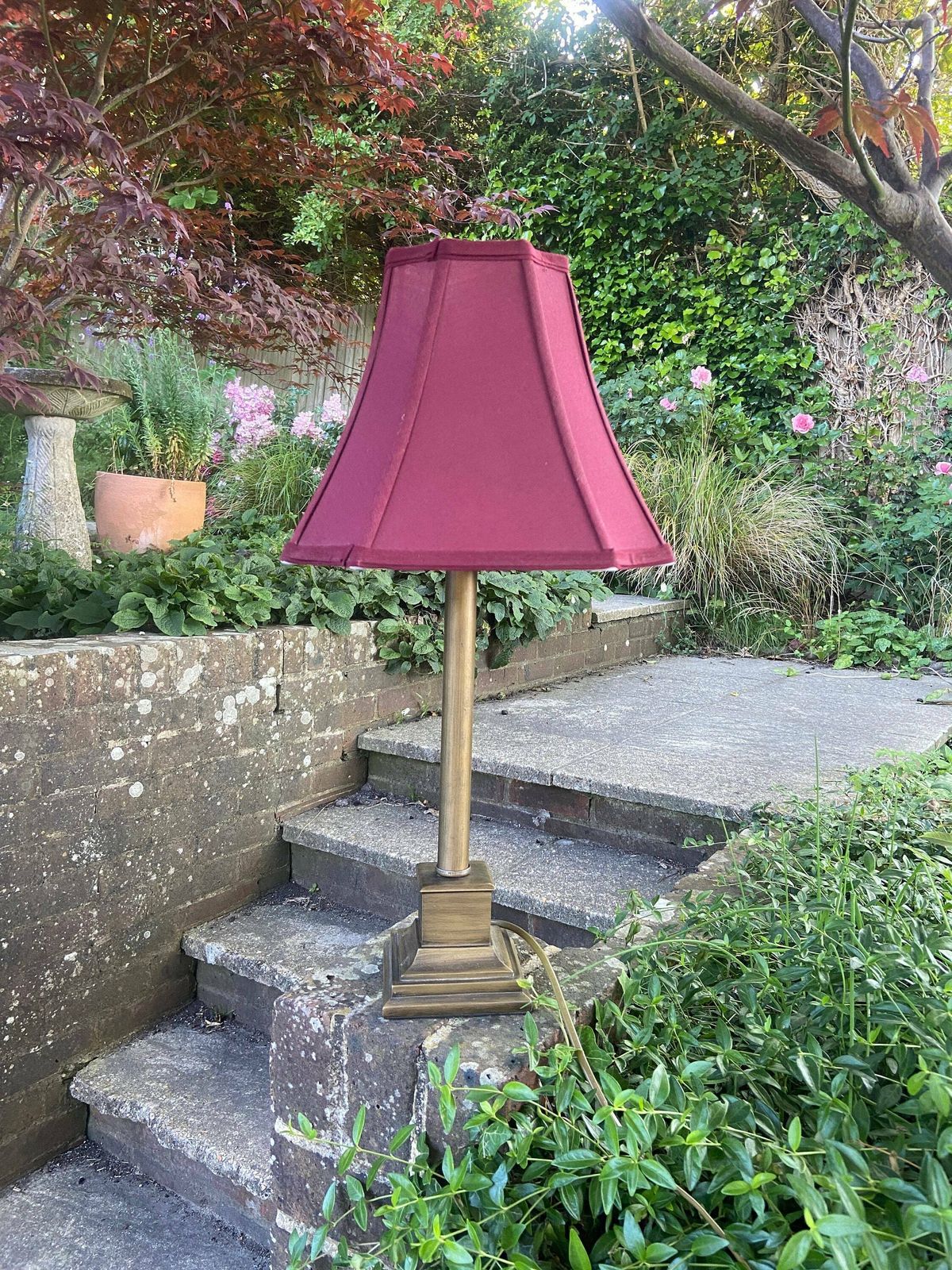 Delightful Vintage Very Tall Metal Lamp (Antique Bronze Gold Colour) With Maroon Vintage Shade, Quality Vintage Table Lamp Working Condition