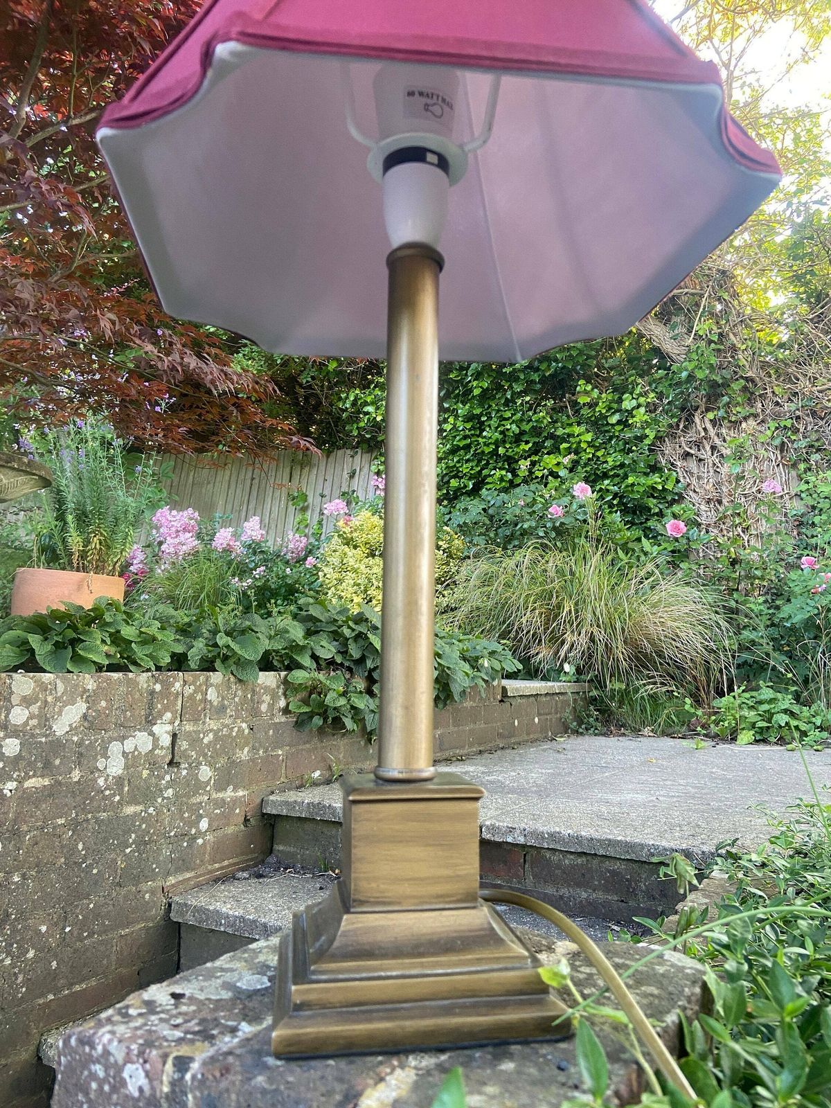 Delightful Vintage Very Tall Metal Lamp (Antique Bronze Gold Colour) With Maroon Vintage Shade, Quality Vintage Table Lamp Working Condition photo for sale