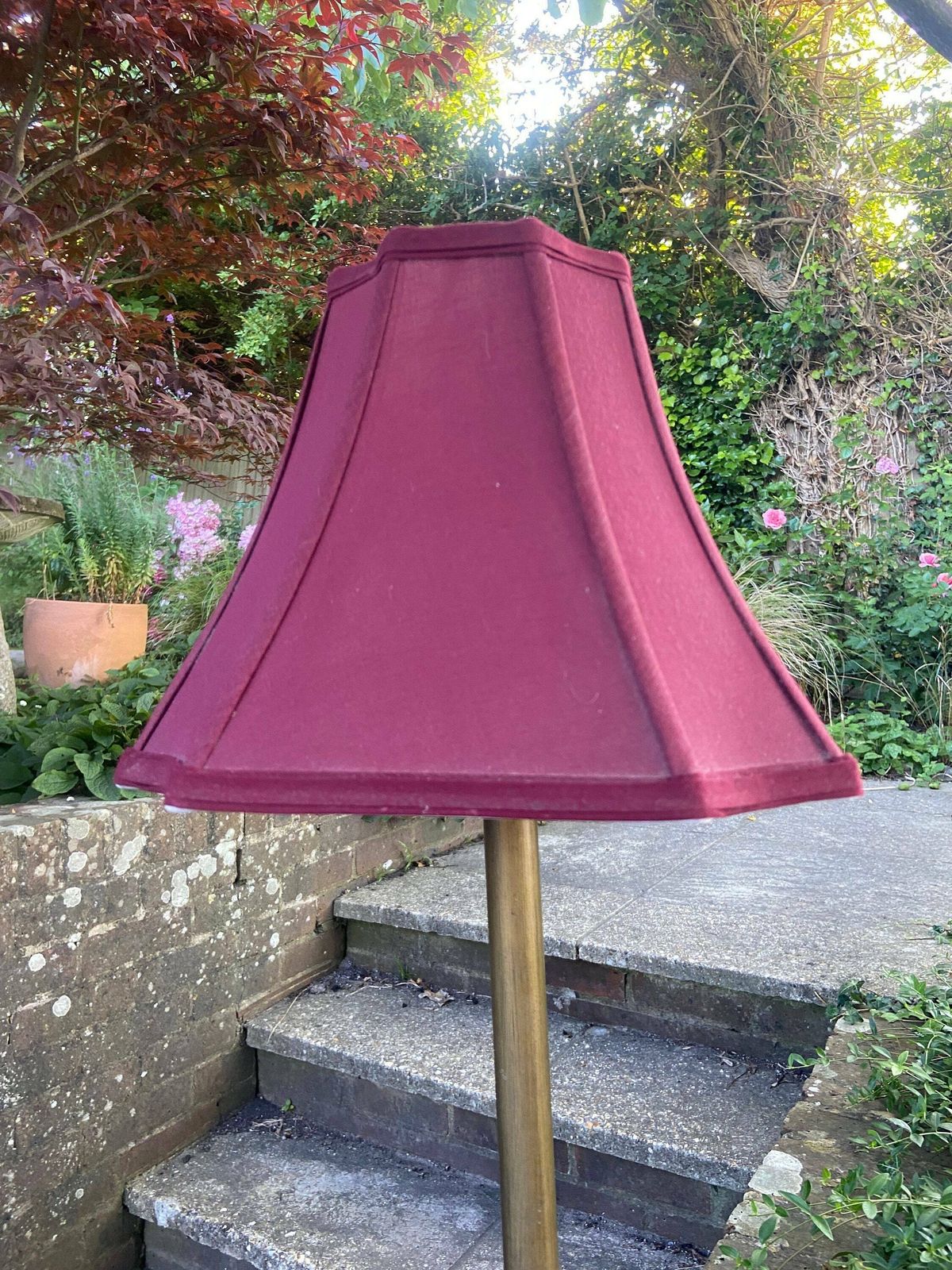 Delightful Vintage Very Tall Metal Lamp (Antique Bronze Gold Colour) With Maroon Vintage Shade, Quality Vintage Table Lamp Working Condition photo buy