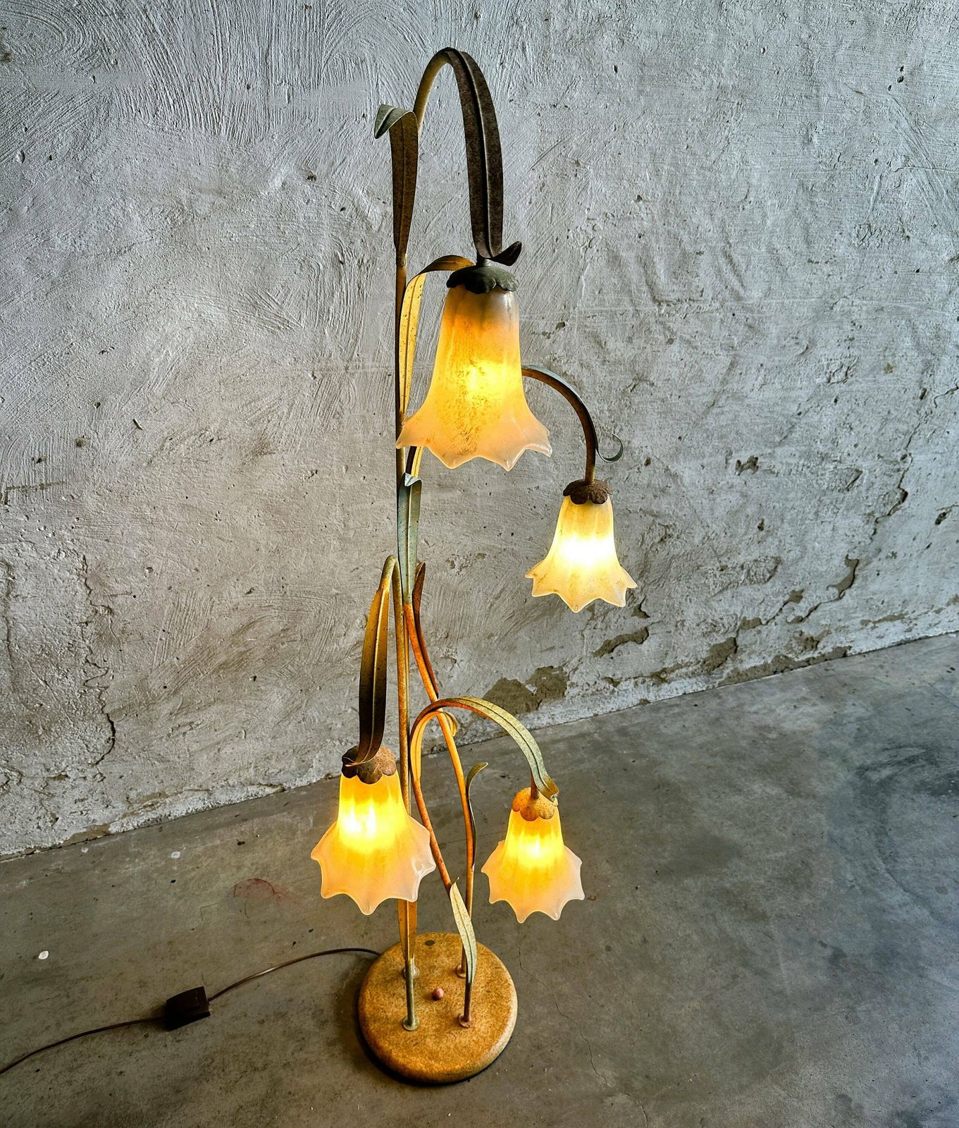 photo for sale Mid Century Elegant Tole Ware Floral Floor Lamp With Glass Pendants, France 1980s.