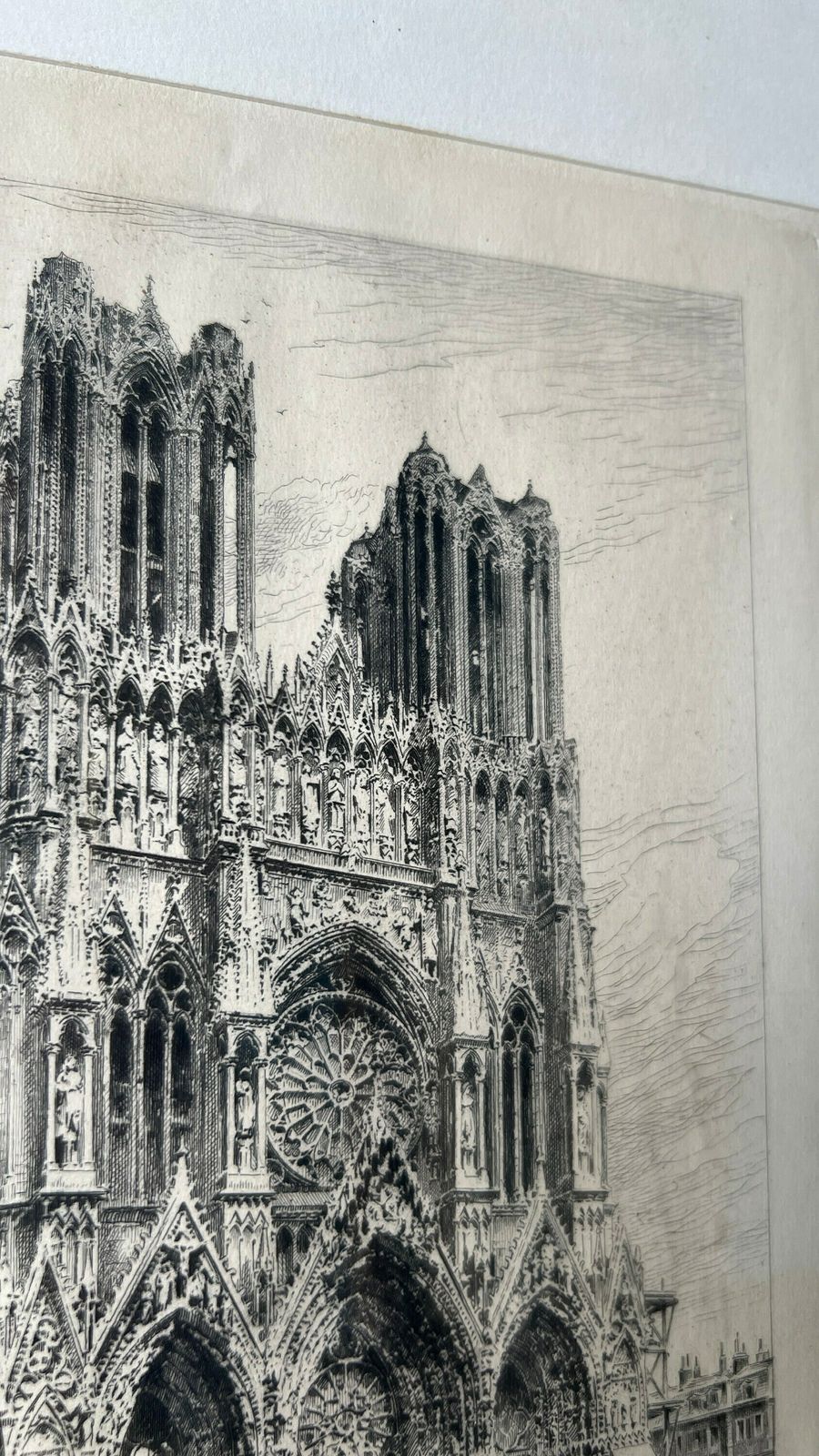 1883 Etching Of The Cathedral Of Notre Dame Of Reims By Henri Toussaint photo vintage