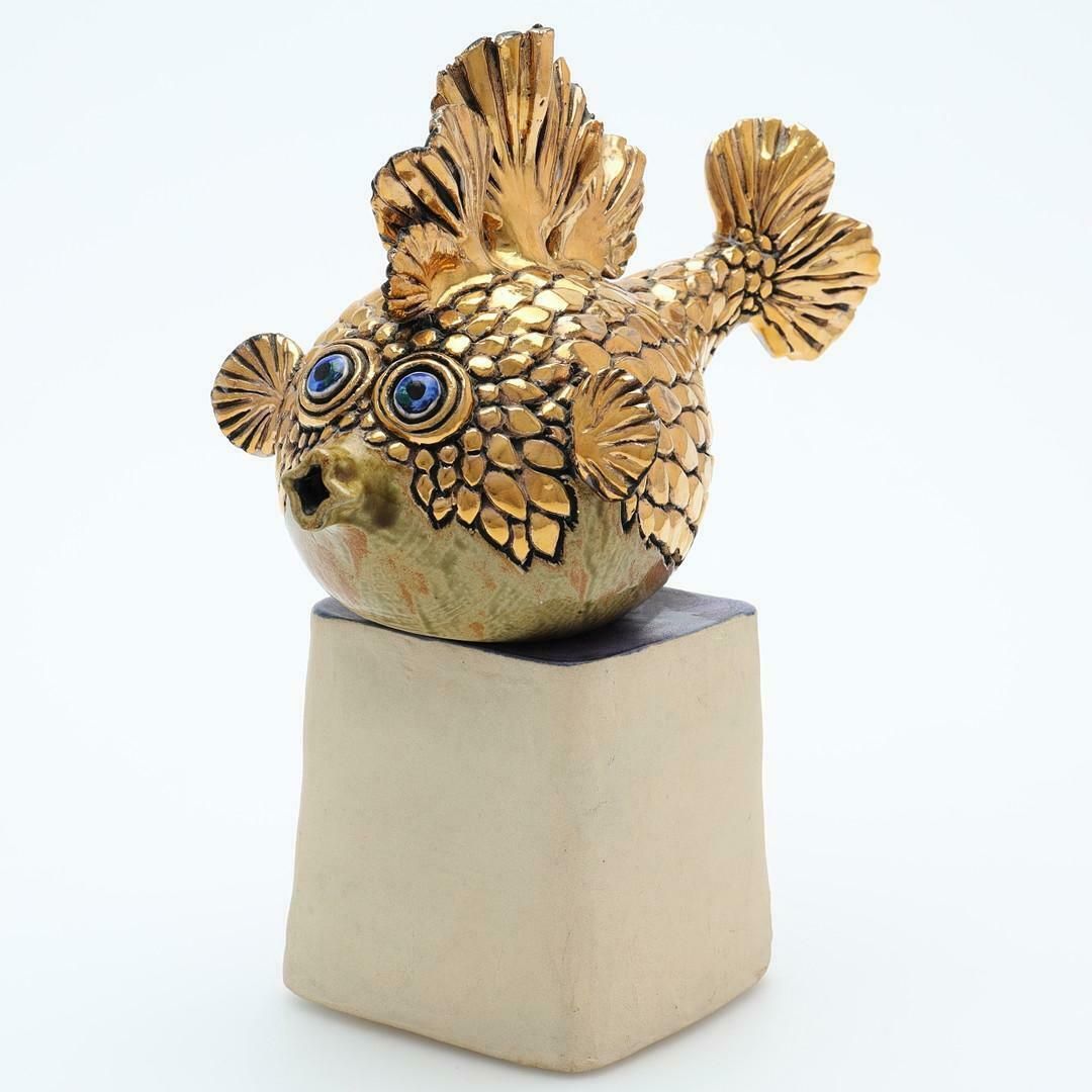 Decorative Sculpture Blowfish, Ninnie Forsgren, Luxury Ornament Gold Ceramic photo furniture