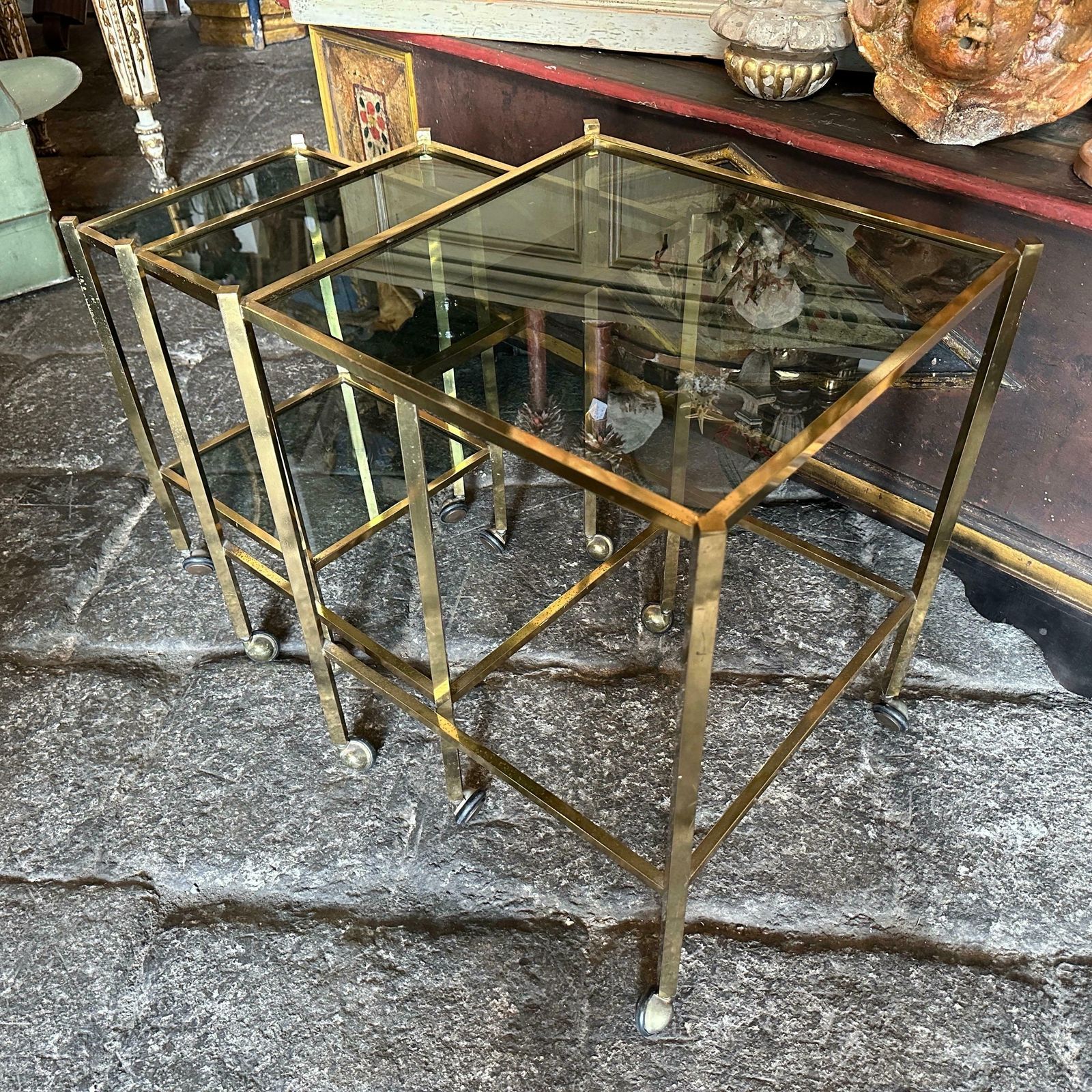 1960s Mid Century Modern Set Of Three Brass And Smoked Glass Nesting Tables photo furniture