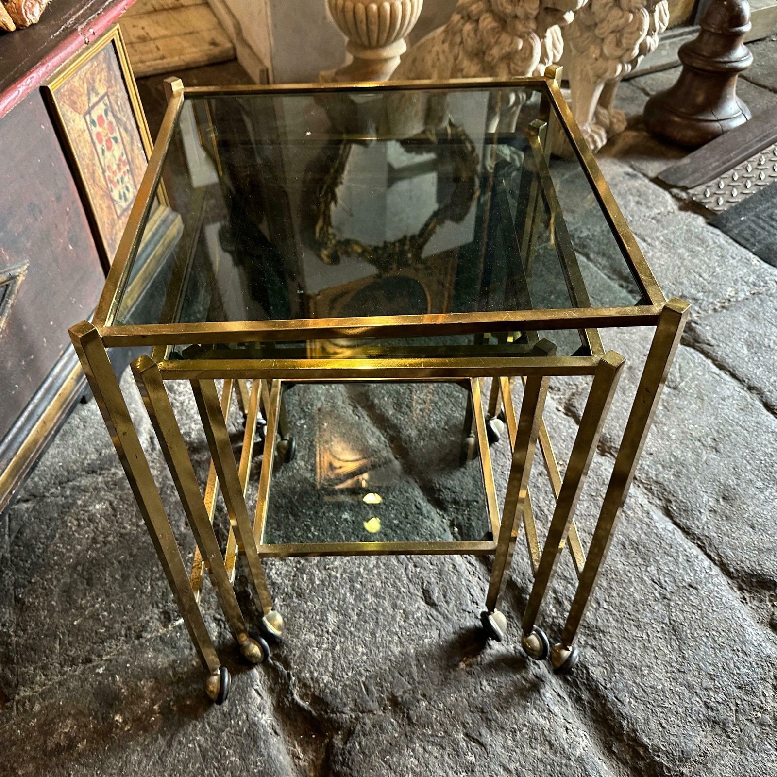 1960s Mid Century Modern Set Of Three Brass And Smoked Glass Nesting Tables photo 1025.0