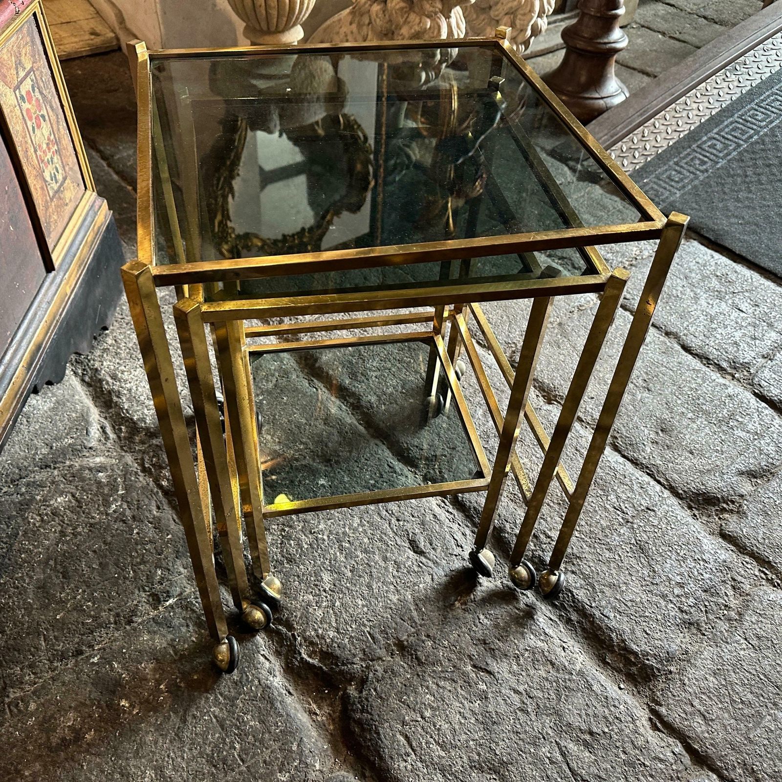 photo furniture 1960s Mid Century Modern Set Of Three Brass And Smoked Glass Nesting Tables