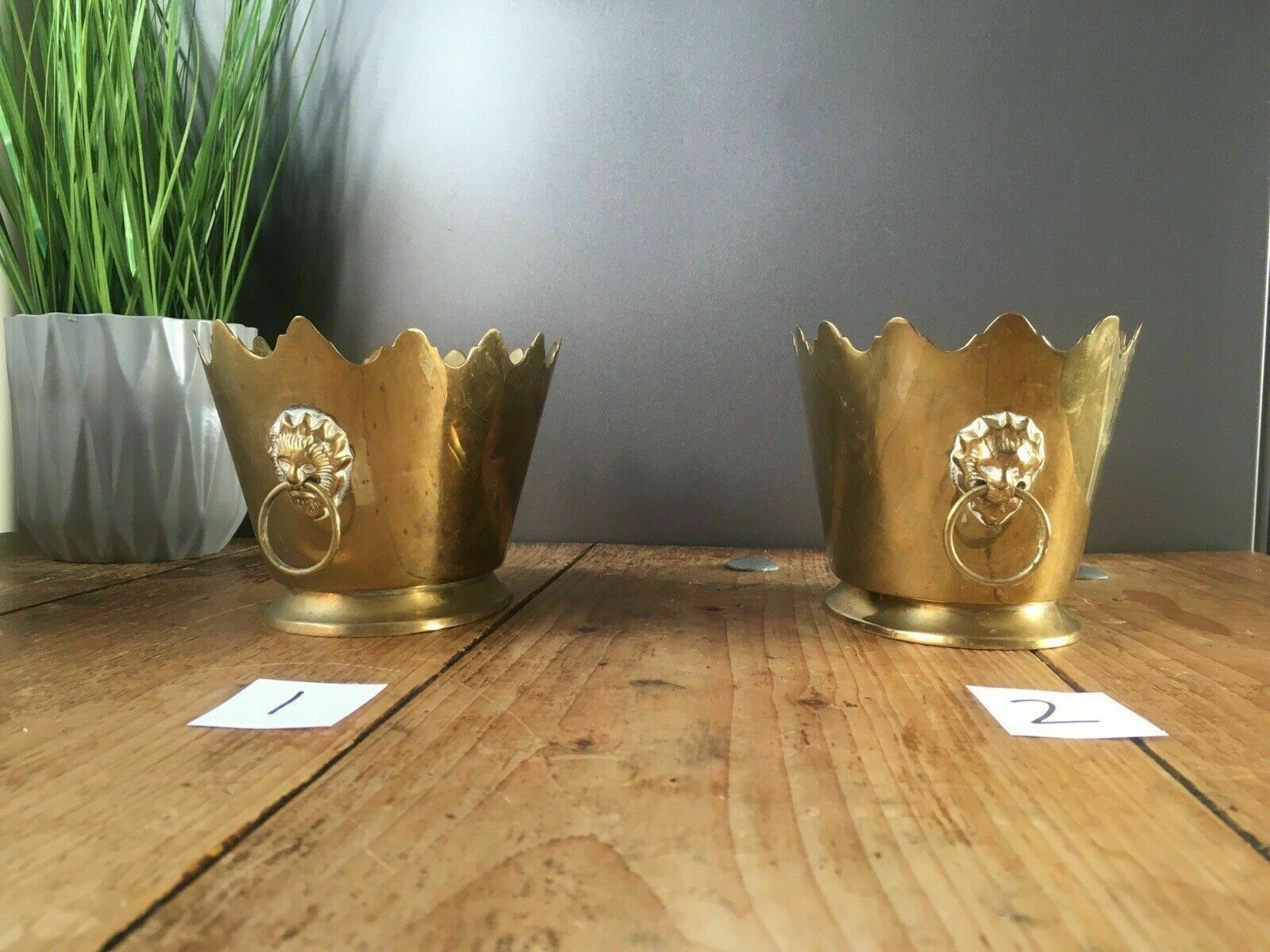 1 Vintage Brass Castellated Lions Head Flower Cachepot Planter Plant Pot Antique photo 55.0