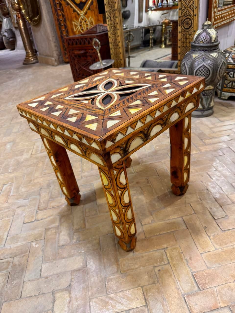 High End Vintage Camel Bone Inlay Moroccan Wooden Table For Living Room Bedroom
