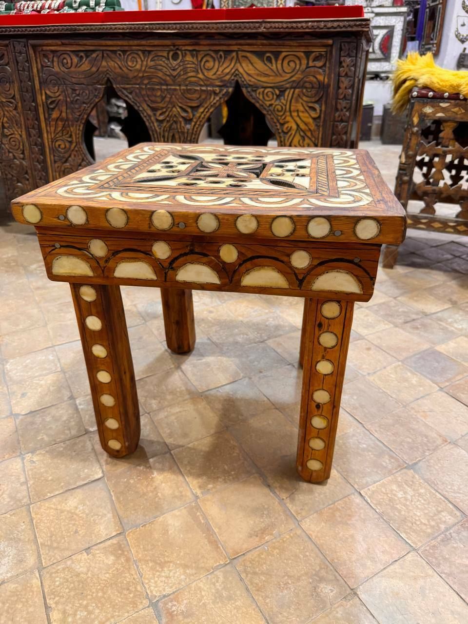 High End Vintage Camel Bone Inlay Moroccan Wooden Table For Living Room Bedroom photo Furniture