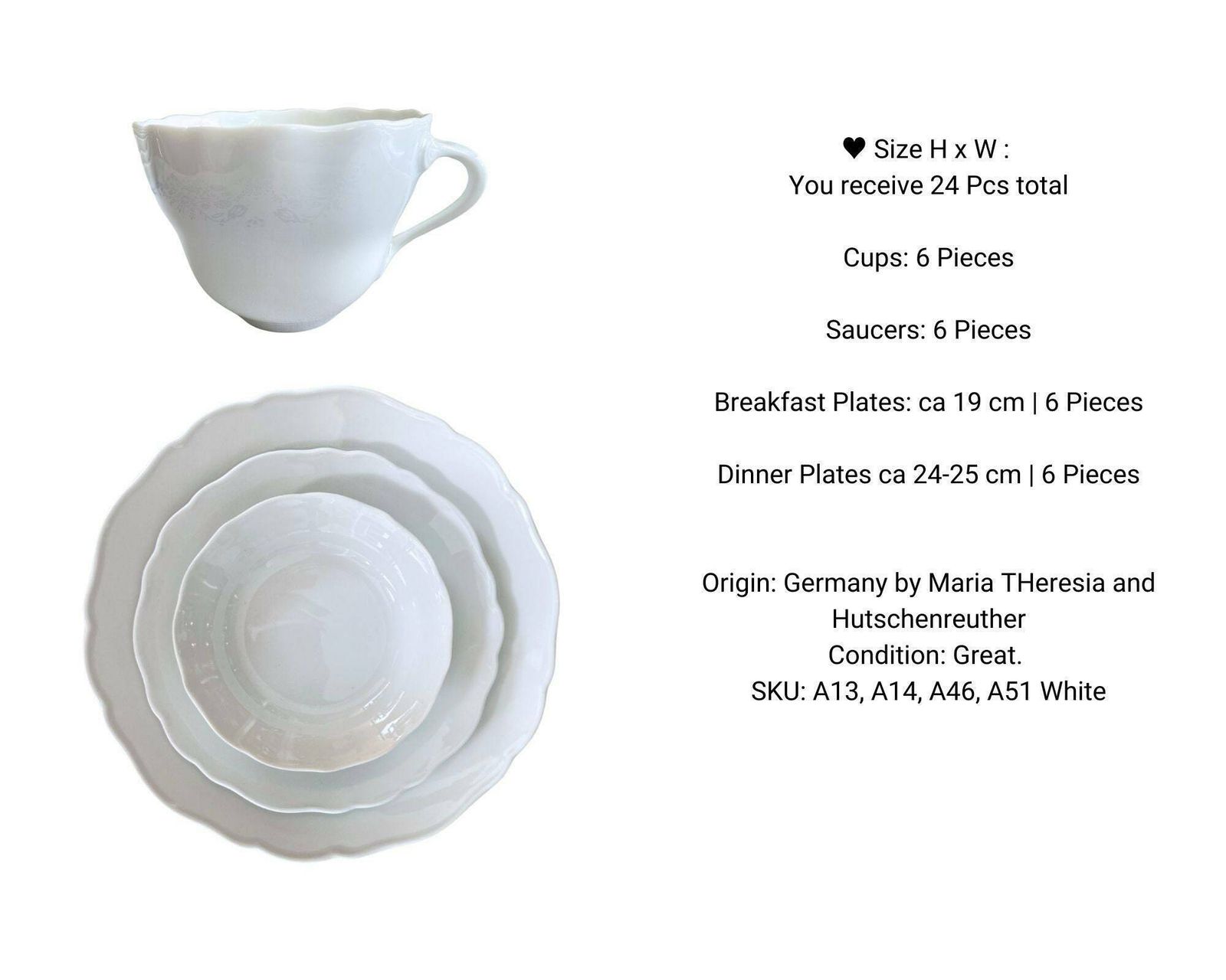 Witte Porseleinen Borden | Servies Met Kopjes En Schoteltjes | 24 Delig Voor 6 Personen | Hutschenreuther photo vintage