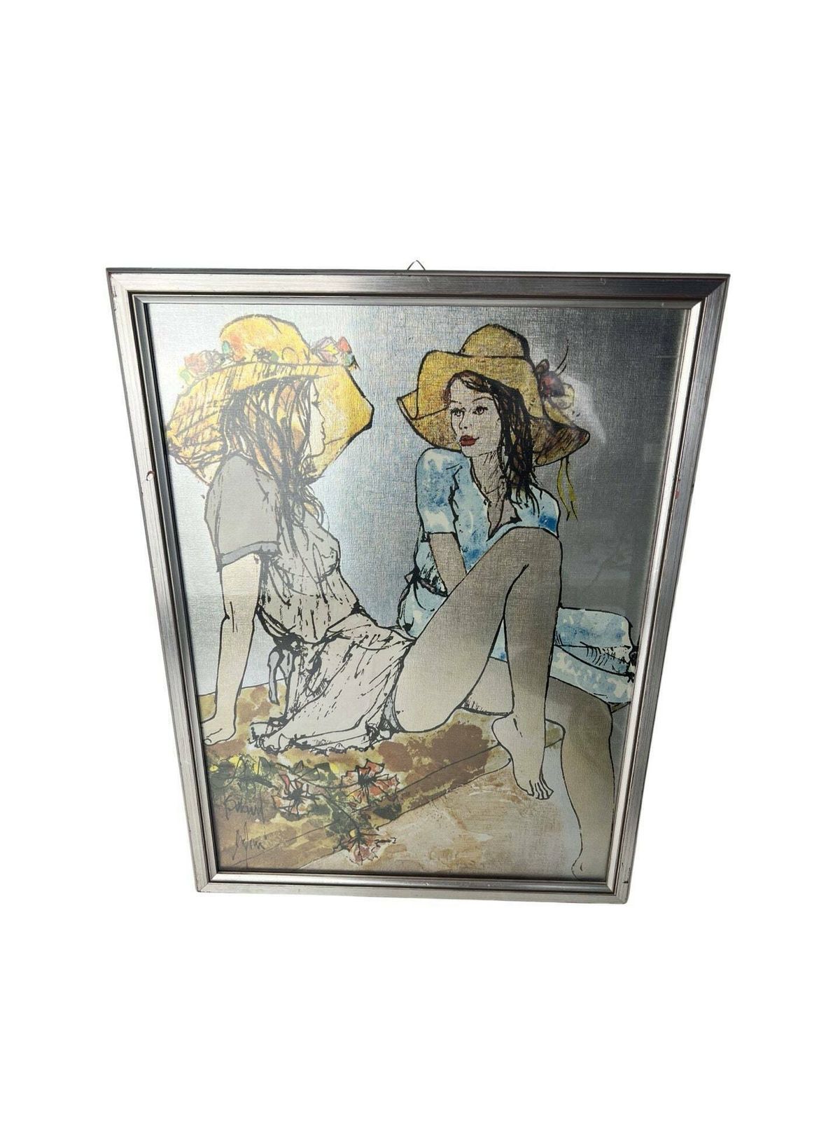 Vintage French Mid Century Bernard Dufour Reproduction Framed Boho Chic 1970s Painting Whimsical Romantic Art Of Two Girls Valentines Gift photo furniture