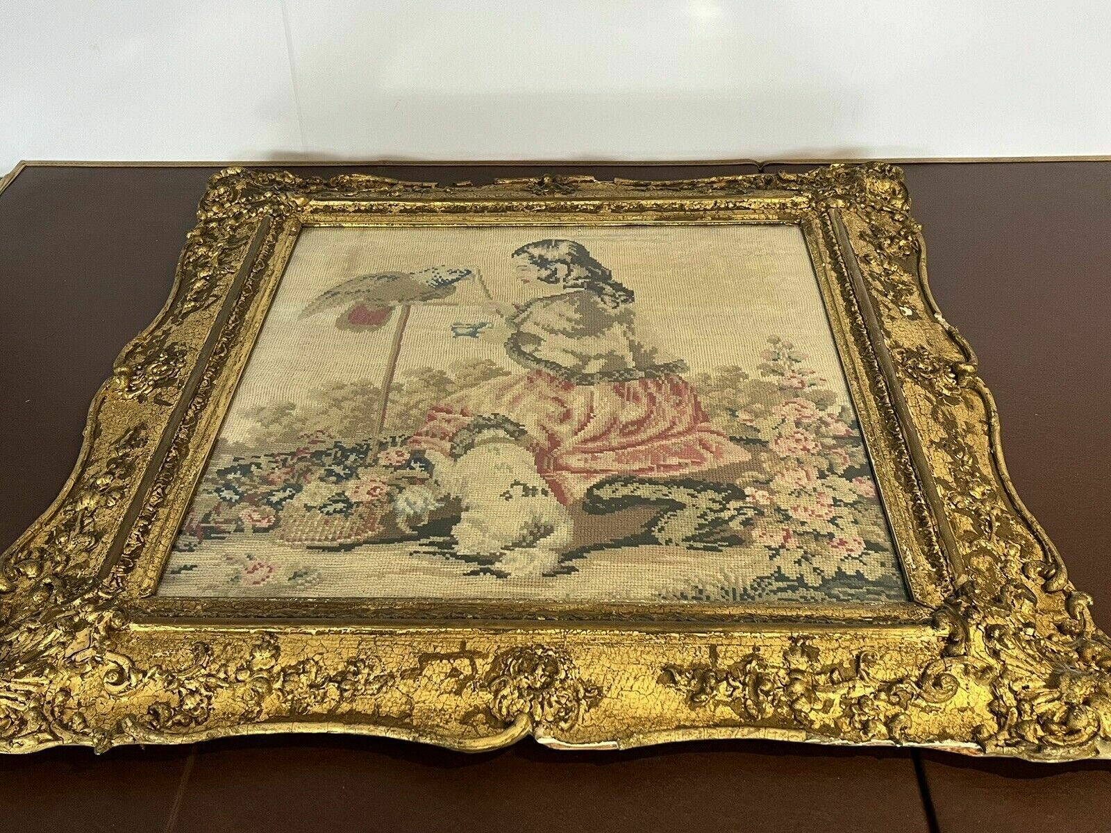 Georgian Embroidery/ Tapestry In Gold Gilt Frame. photo furniture