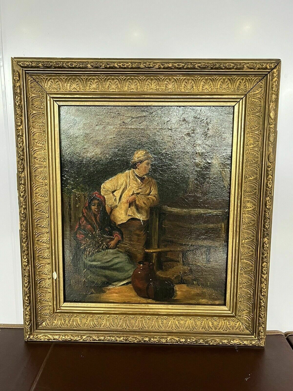 Antique Oil Painting . Oil On Canvas In Gold Gilt Frame.