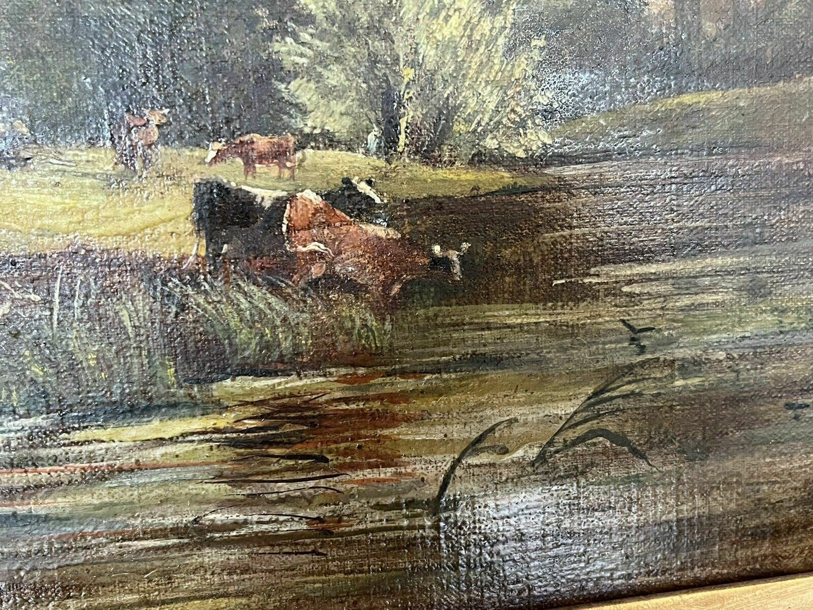 Antique Oil Painting. Oil On Board In Gilt Frame. Cattle Scene photo for sale
