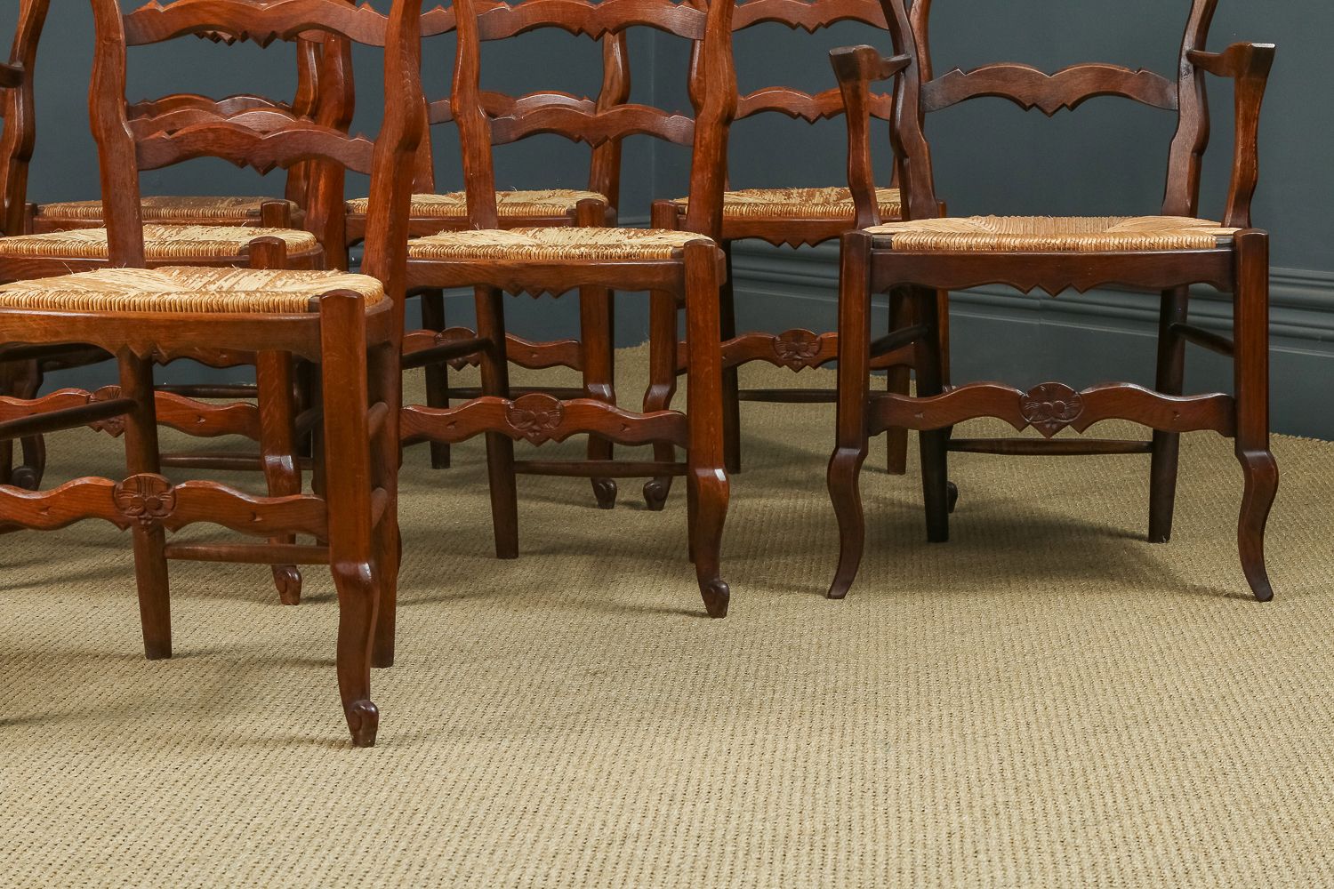 French Set Of 8 Eight Louis XV Style Oak Ladder Back Rush Seat Kitchen Dining Chairs (Circa 1920) photo 2250.0