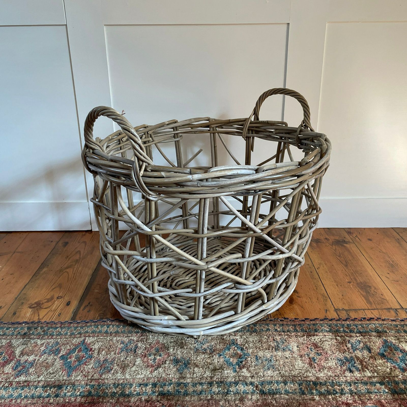 Antique French Oval Basket Woven Wicker Brown Storage Log Wooden Handles Vintage Round Wood Brown Cottage Farmhouse Bin Large Open Weave photo furniture