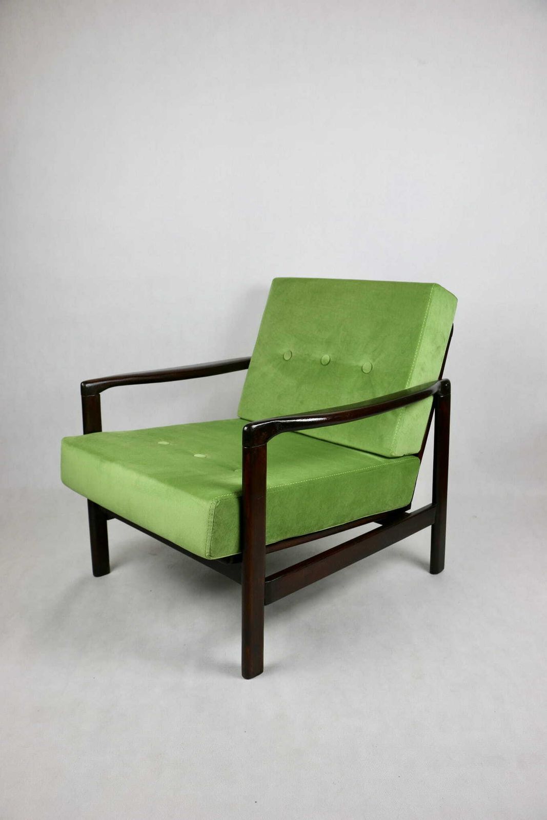 Wooden Armchair, Brown, Vintage, Pea Green, Designed By Z. Bączyk photo for sale