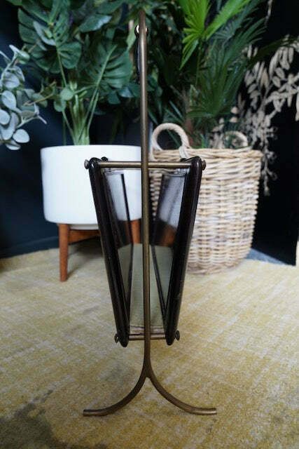 Mid Century Italian Designed Rosewood & Brass Magazine Rack With Watercolour Landscapes photo vintage