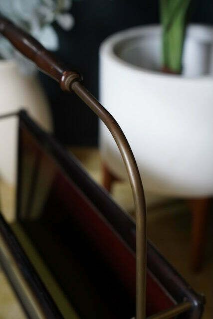 photo vinterior Mid Century Italian Designed Rosewood & Brass Magazine Rack With Watercolour Landscapes