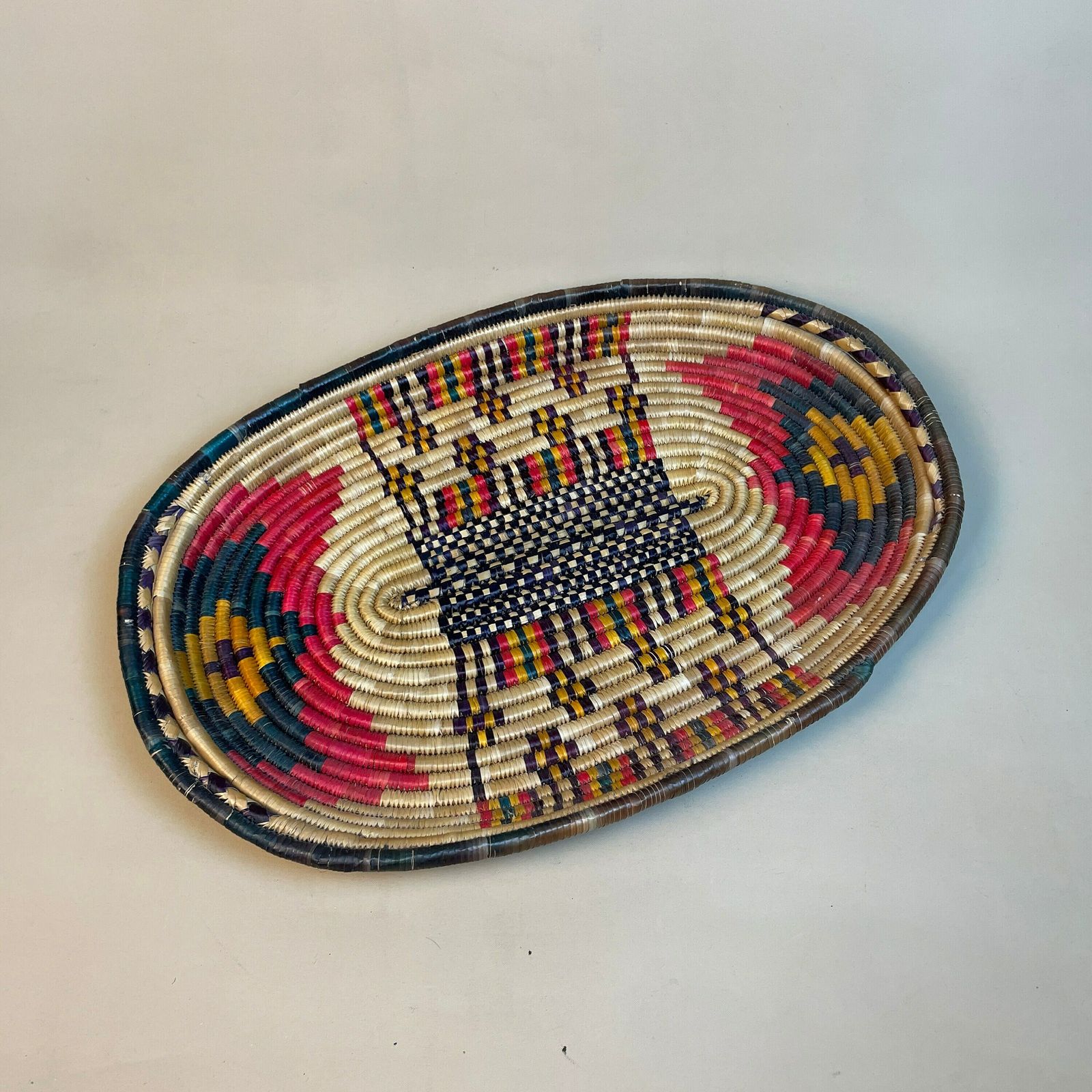 African Oval Woven Mat Tray Wicker Placemat Brown Rattan Natural Decor Handmade Decorative Pattern Africa Handles Traditional photo Home Decor