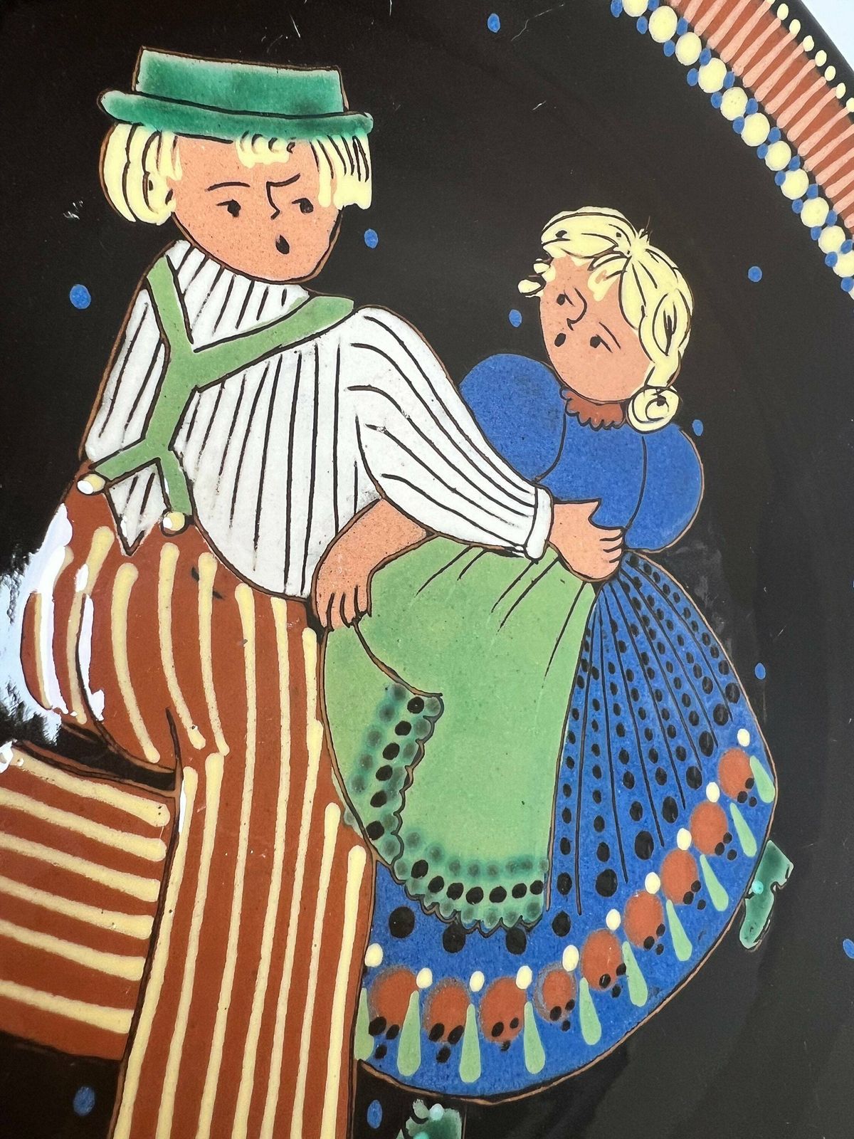 Swiss Pottery Wall Plate Rudolf Heimberg Switzerland, Dark Brown Mid Century Aesthetic Grandpa Grandma Chic Wedding Gift For Dancer Farmer photo vinterior