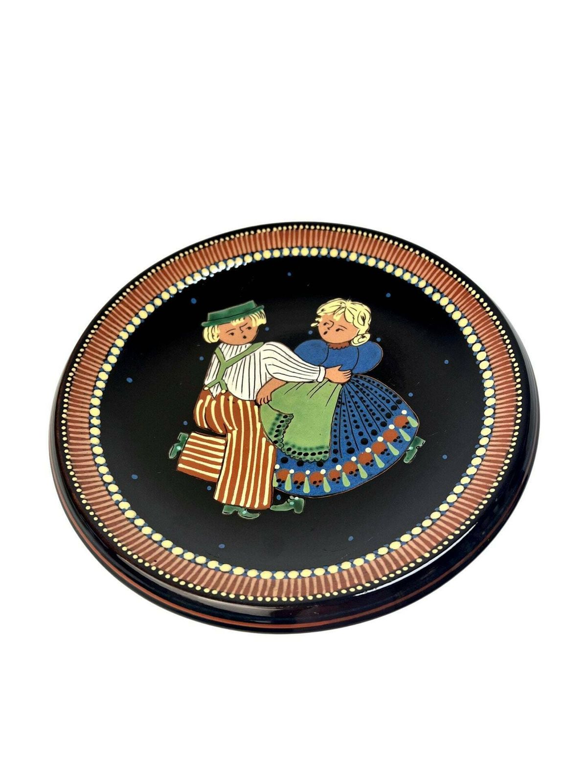 Swiss Pottery Wall Plate Rudolf Heimberg Switzerland, Dark Brown Mid Century Aesthetic Grandpa Grandma Chic Wedding Gift For Dancer Farmer photo vintage
